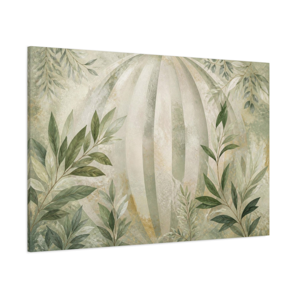Side Mockup 1. Botanical Leaves Sage Striped Orb Branches shown as canvas print