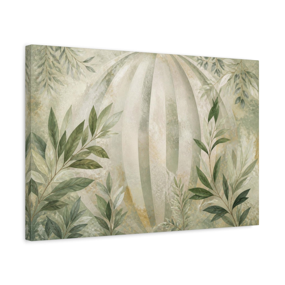 Side Mockup 3. Botanical Leaves Sage Striped Orb Branches shown as canvas print