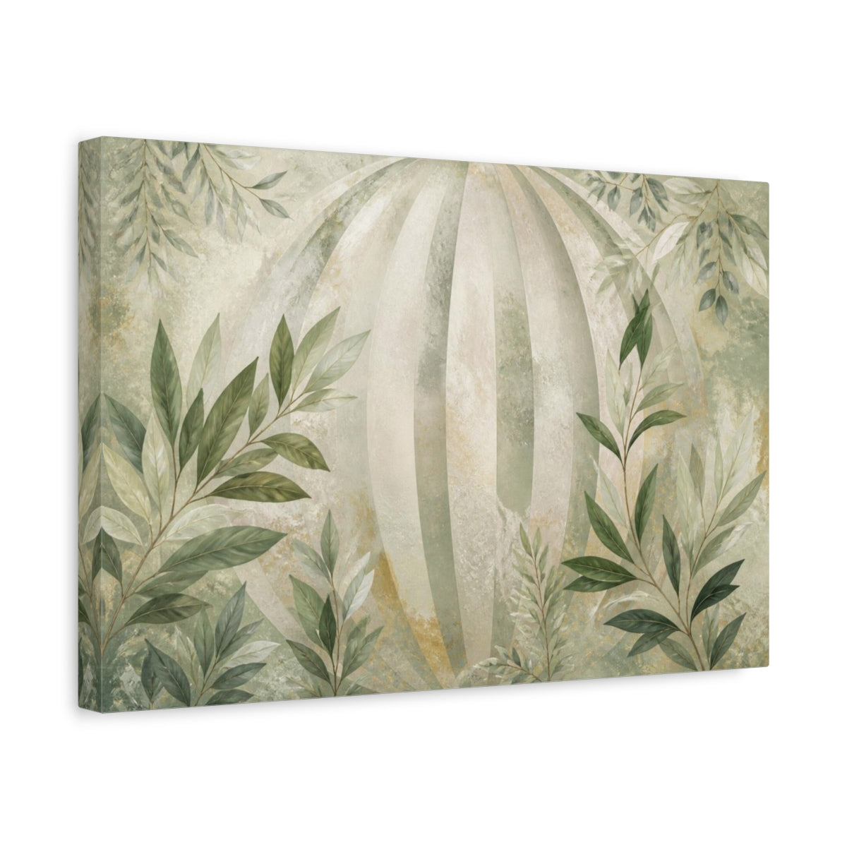 Side Mockup 4. Botanical Leaves Sage Striped Orb Branches shown as canvas print