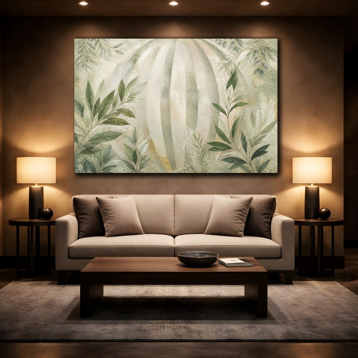 Mockup 2. Botanical Leaves Sage Striped Orb Branches shown as canvas print