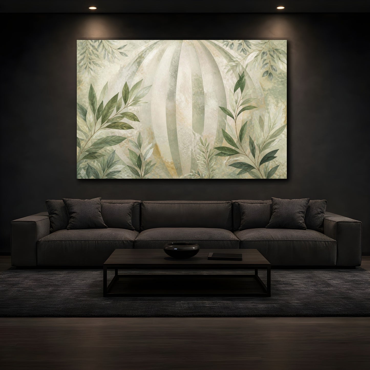Mockup 3. Botanical Leaves Sage Striped Orb Branches shown as canvas print