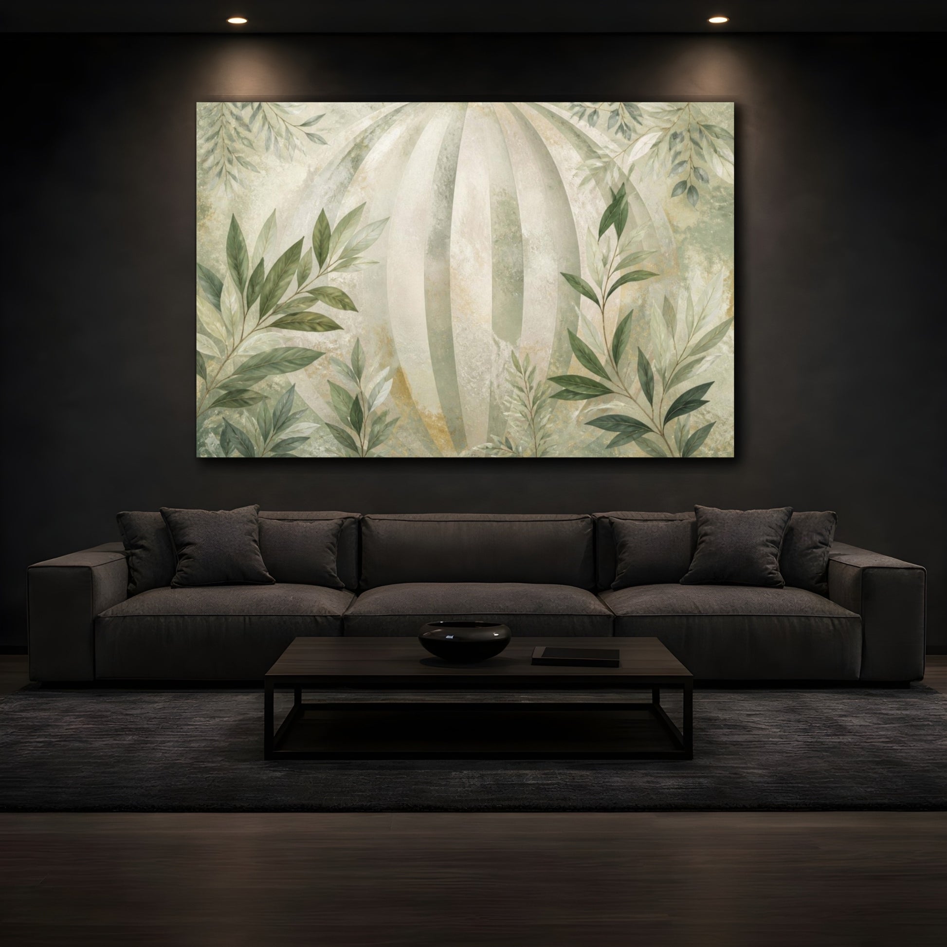 Mockup 3. Botanical Leaves Sage Striped Orb Branches shown as canvas print