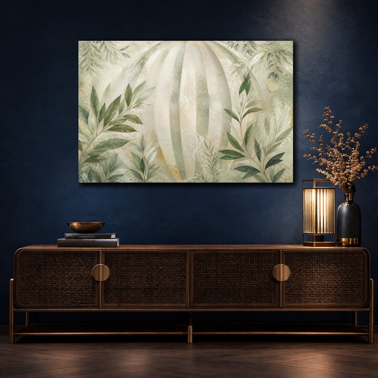 Mockup 4. Botanical Leaves Sage Striped Orb Branches shown as canvas print