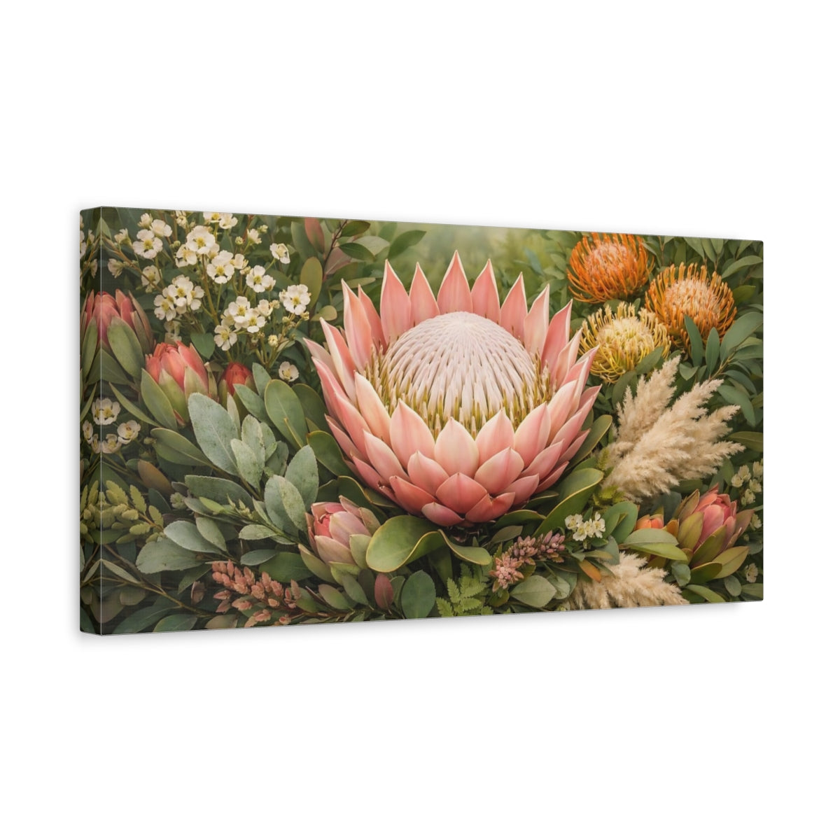Side Mockup 3. Floral Protea Flower Pink Protea Floral shown as stretched canvas wall art