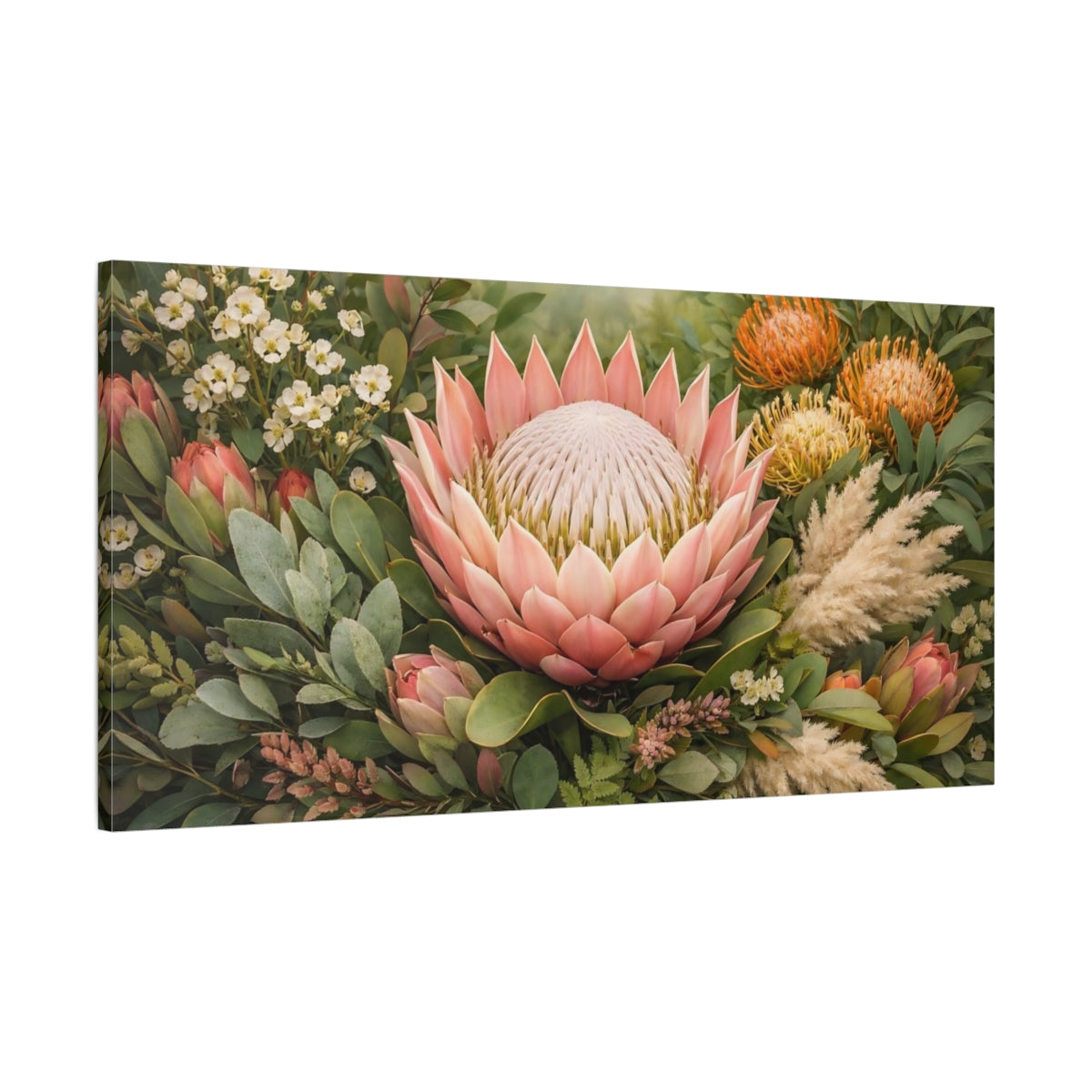 Side Mockup 1. Floral Protea Flower Pink Protea Floral shown as stretched canvas wall art