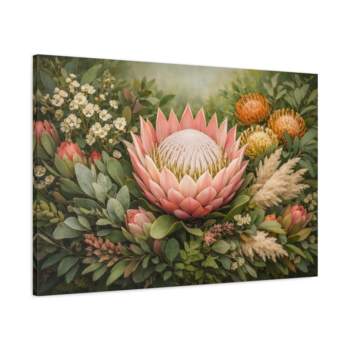 Side Mockup 1. Floral Protea Flower Pink And Green Floral shown as stretched canvas wall art