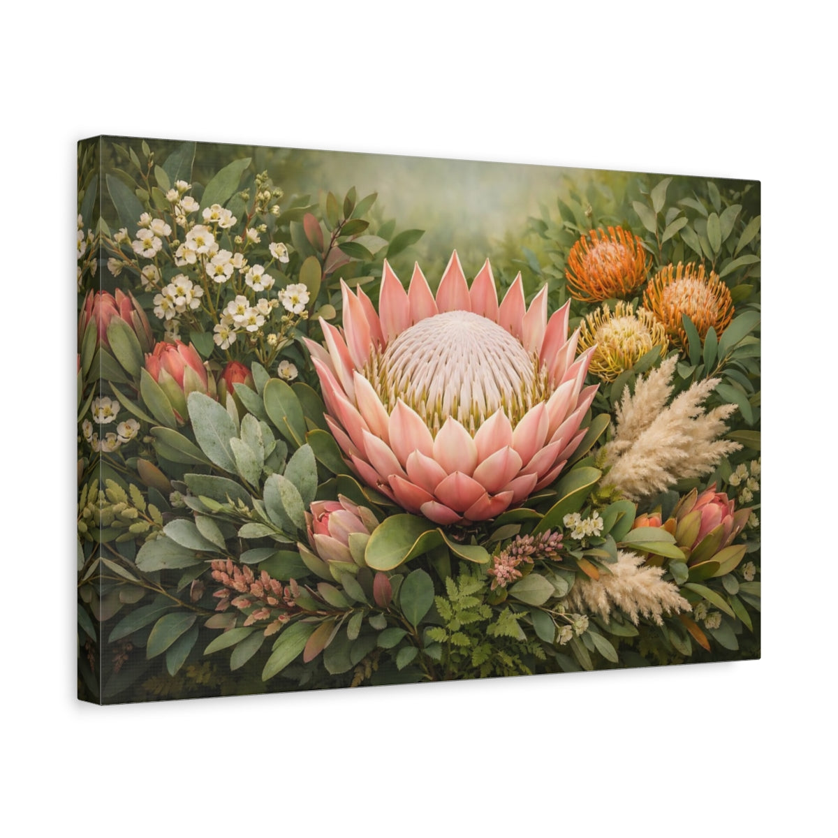 Side Mockup 4. Floral Protea Flower Pink And Green Floral shown as stretched canvas wall art