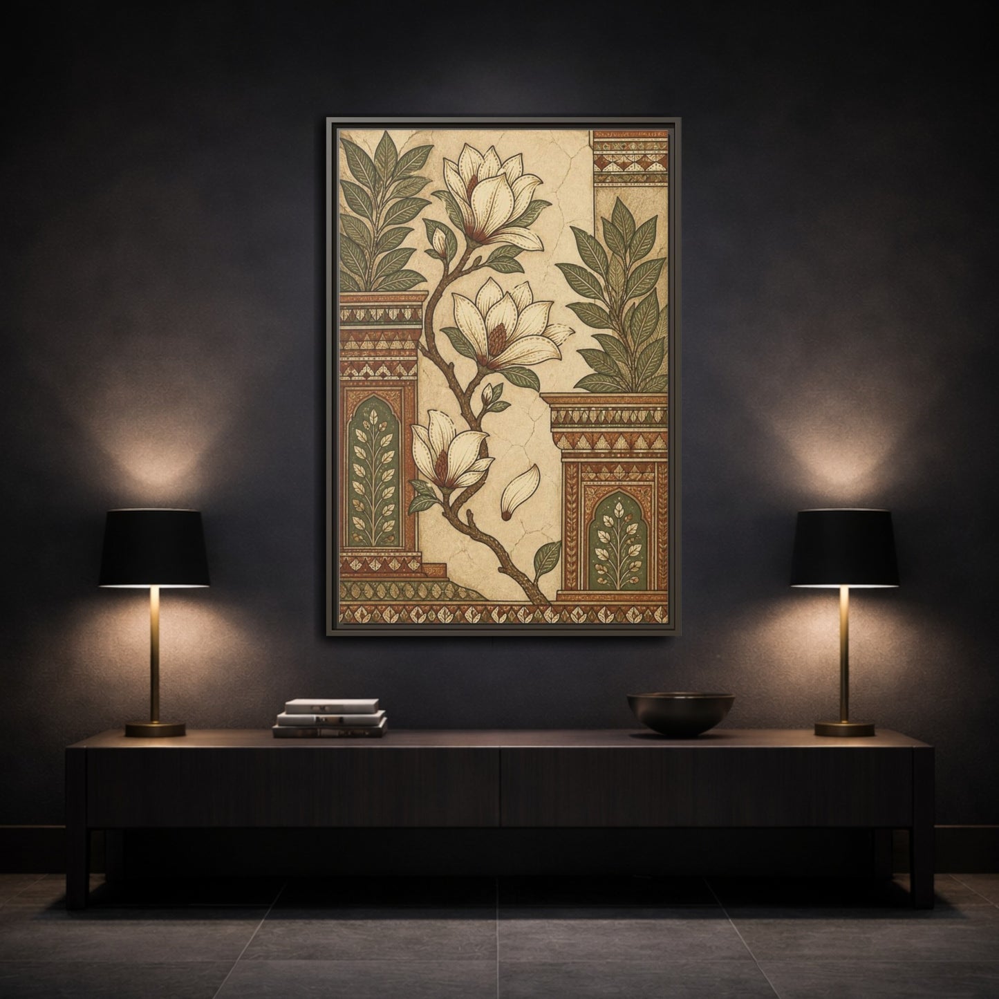 Mockup 3. Botanical Magnolia Branch shown as framed canvas print