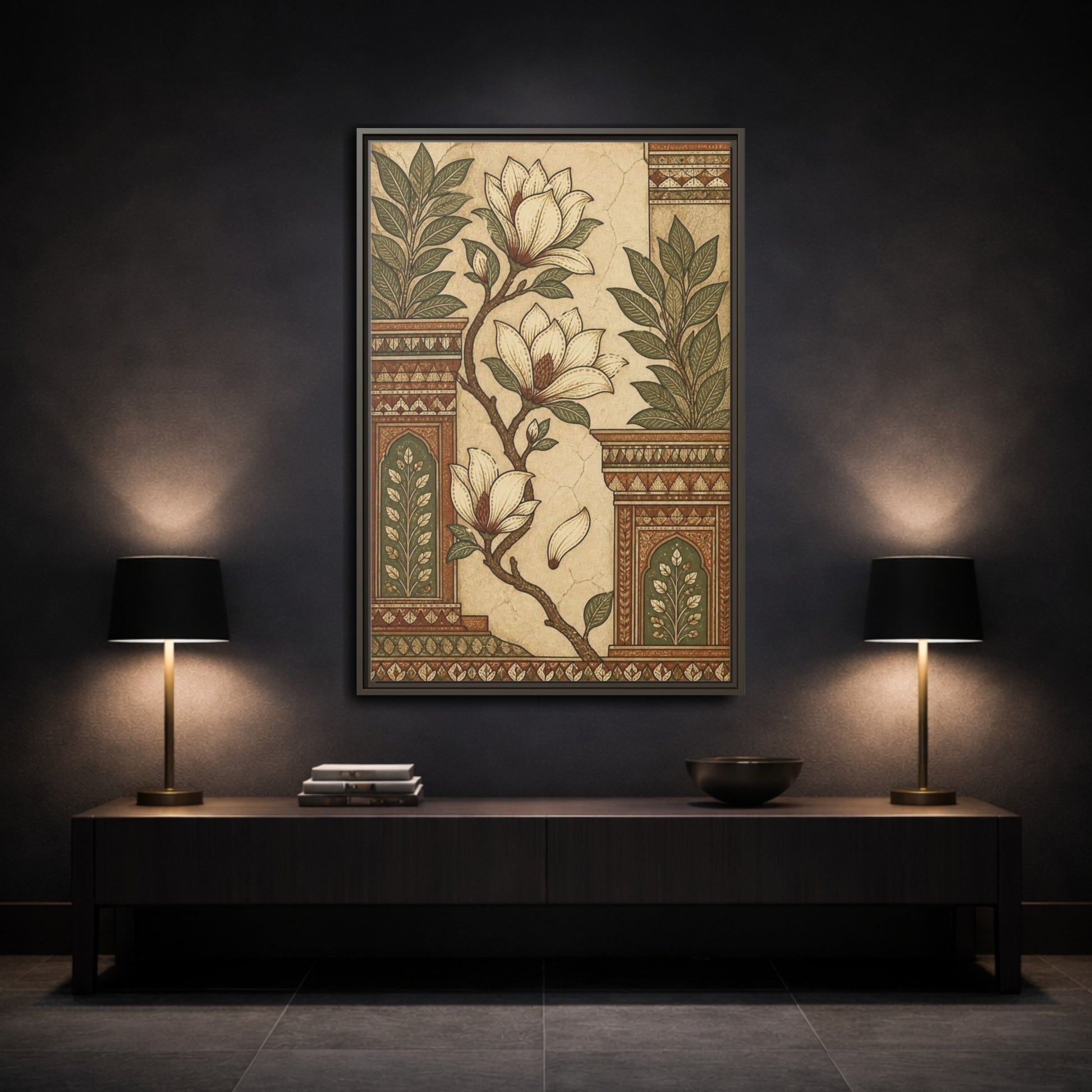 Mockup 3. Botanical Magnolia Branch shown as framed canvas print