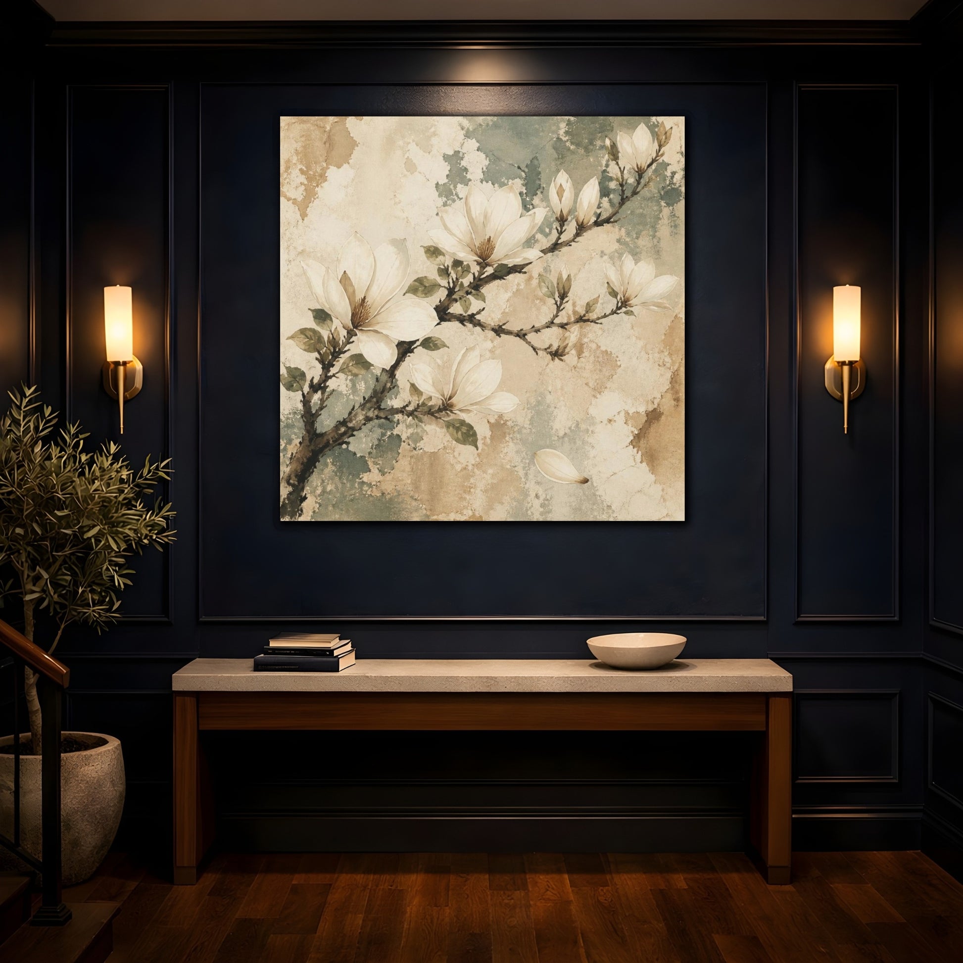 Mockup 4. Botanical Magnolia Branch shown as canvas print