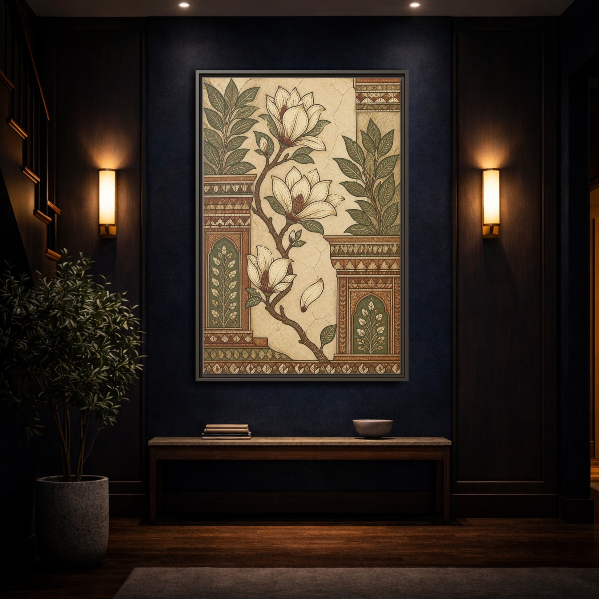 Mockup 4. Botanical Magnolia Branch shown as framed canvas print