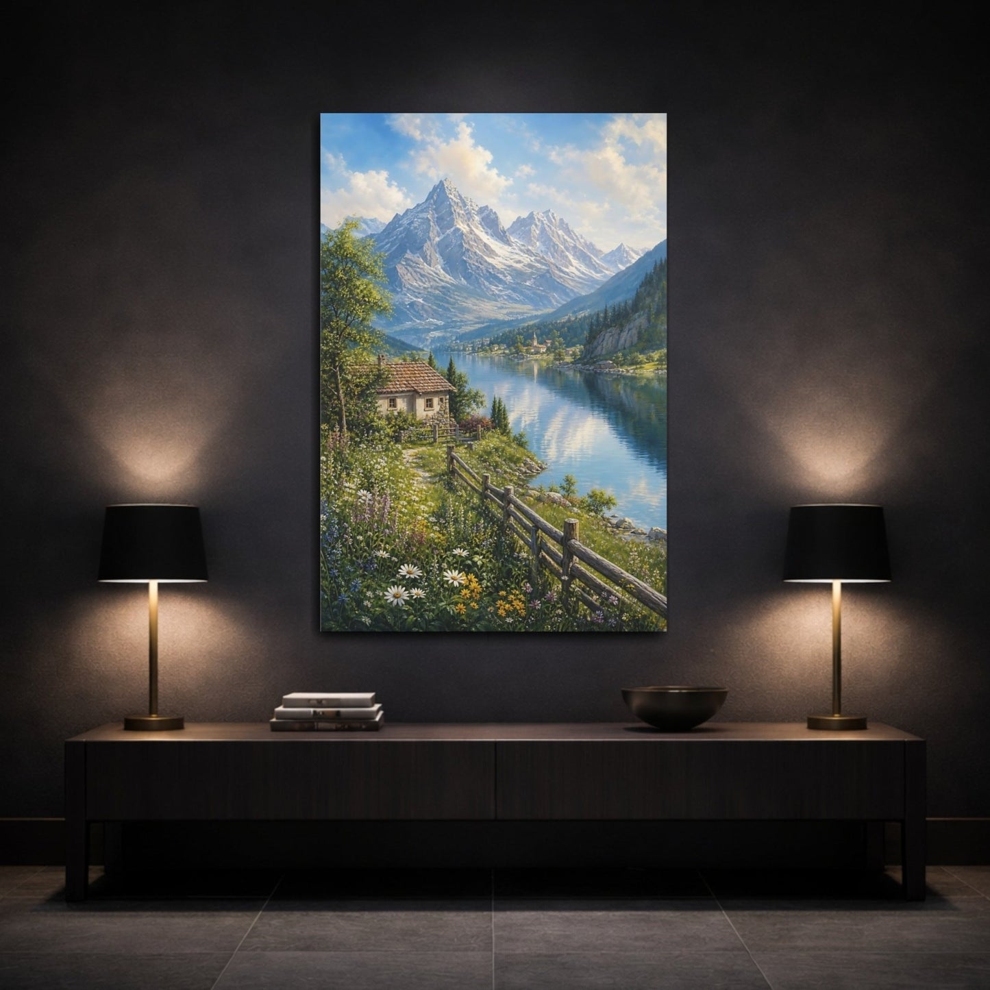 Botanical - Meadow Landscape Painting Alpine Lake Reflecting Canvas Print – Living Room, Above Console Table - YesArtYes