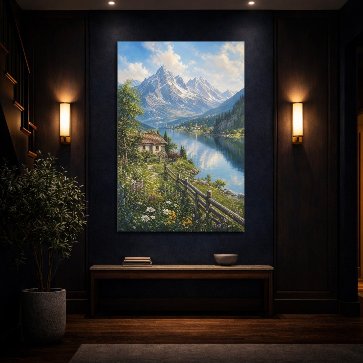 Botanical - Meadow Landscape Painting Alpine Lake Reflecting Canvas Print – Living Room, Above Console Table - YesArtYes