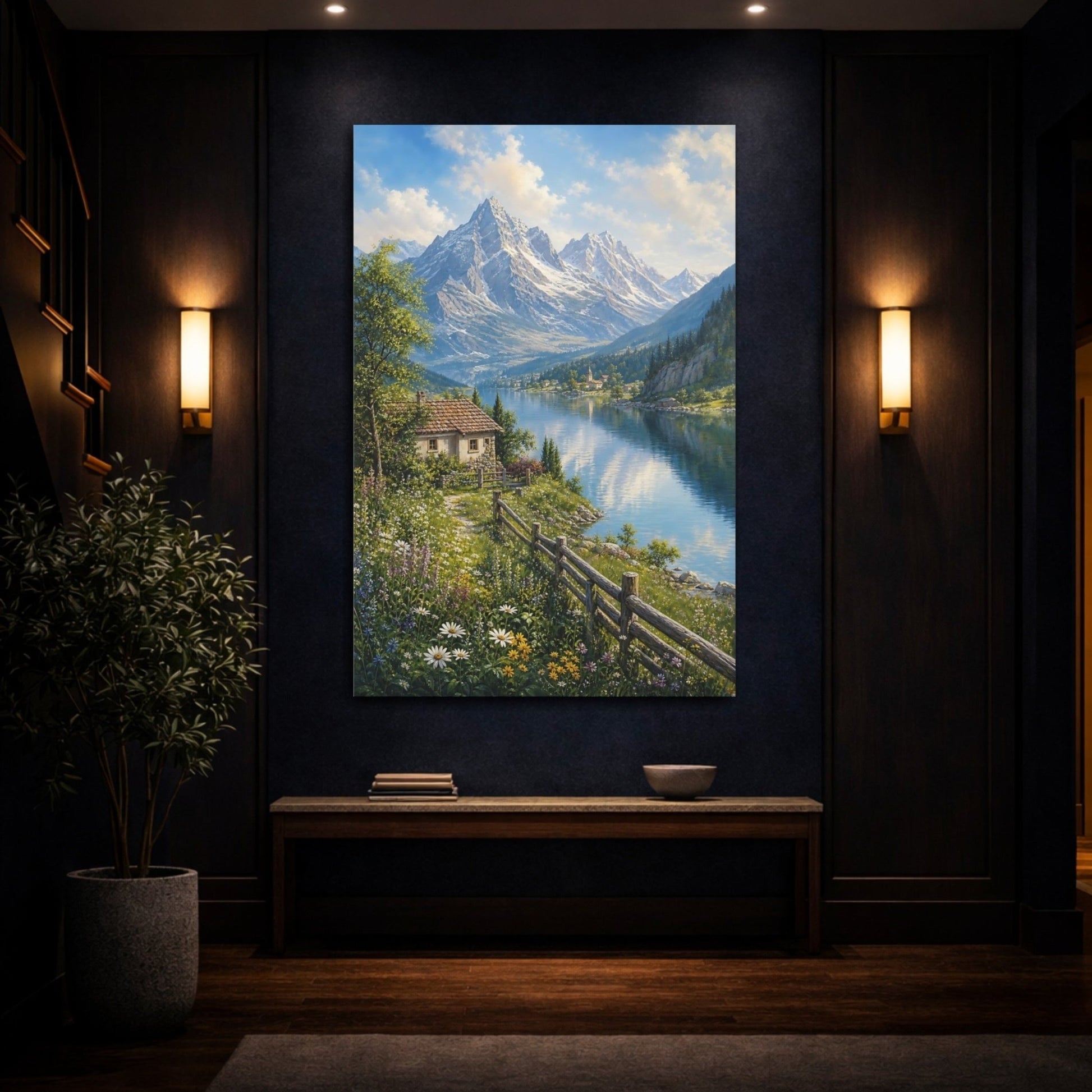 Botanical - Meadow Landscape Painting Alpine Lake Reflecting Canvas Print – Living Room, Above Console Table - YesArtYes