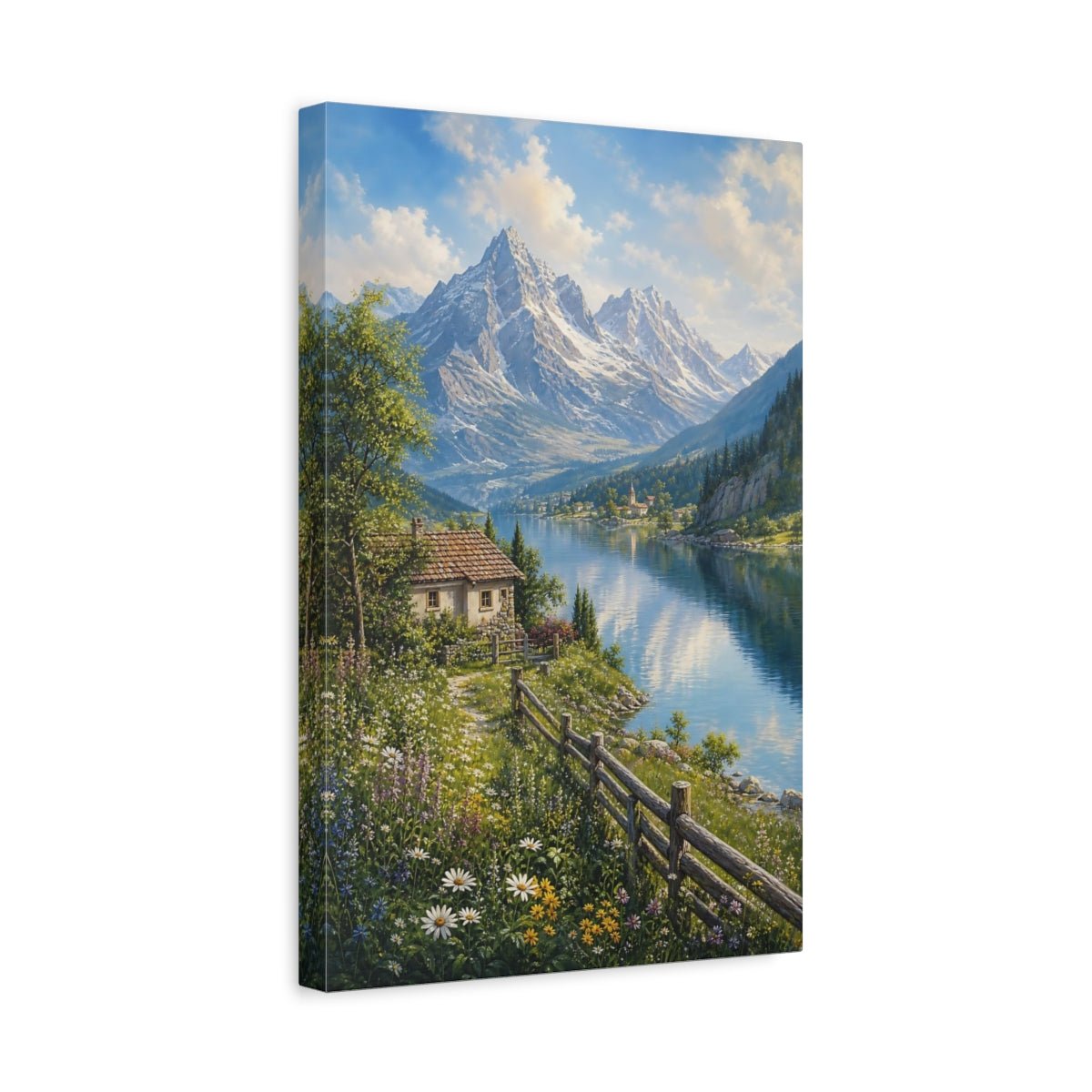 Botanical - Meadow Landscape Painting Alpine Lake Reflecting Canvas Print – Living Room, Above Console Table - YesArtYes