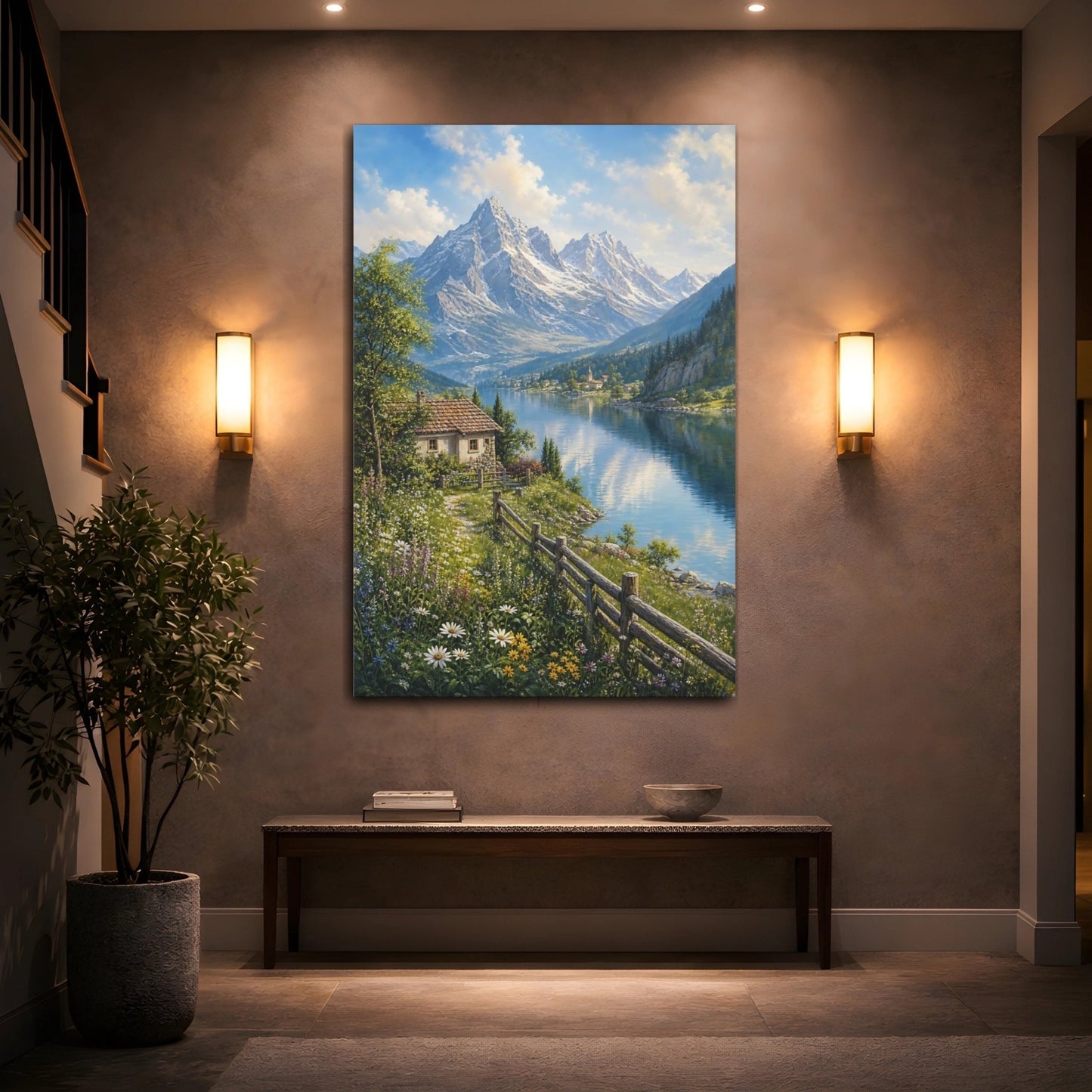 Botanical - Meadow Landscape Painting Alpine Lake Reflecting Canvas Print – Living Room, Above Console Table - YesArtYes
