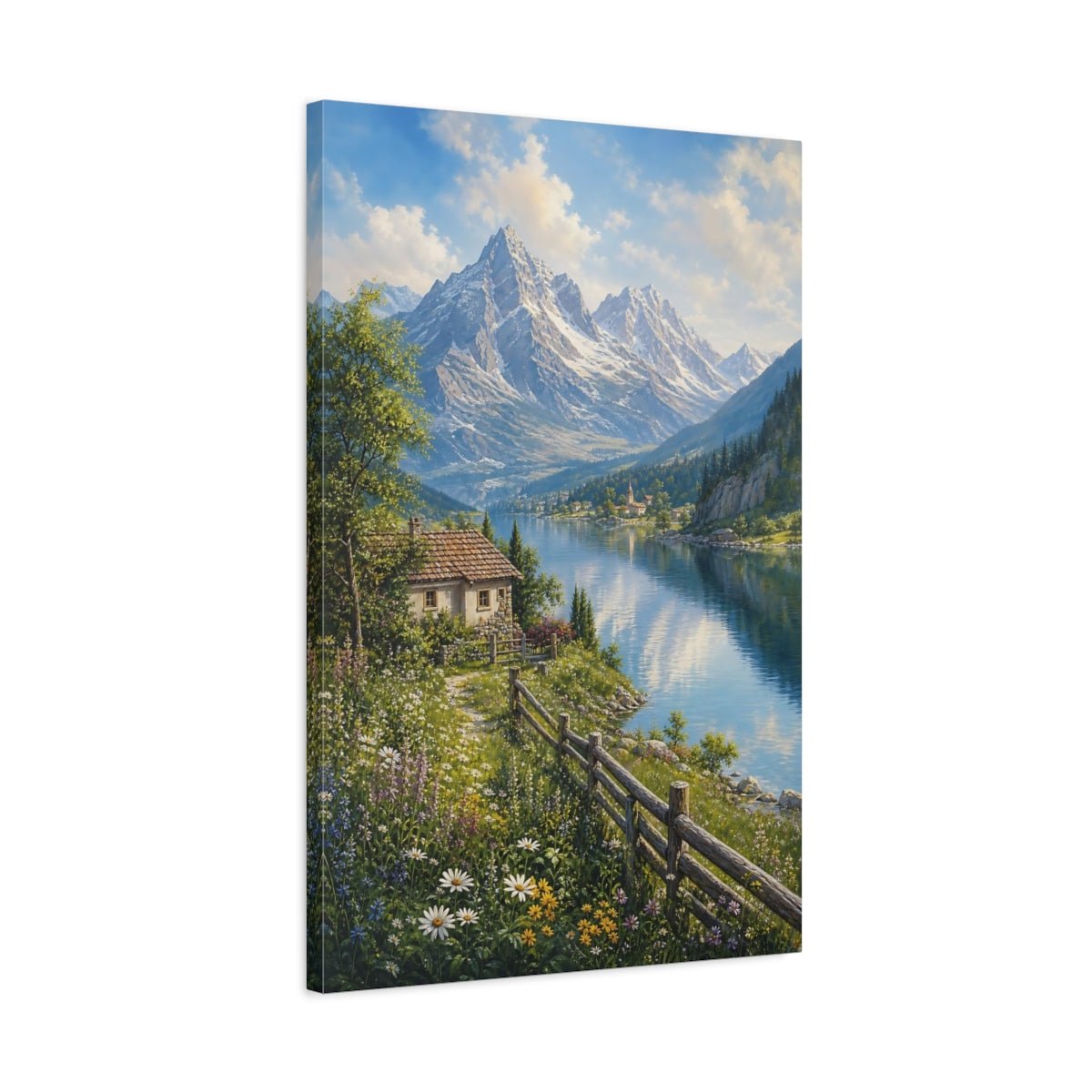 Botanical - Meadow Landscape Painting Alpine Lake Reflecting Canvas Print – Living Room, Above Console Table - YesArtYes