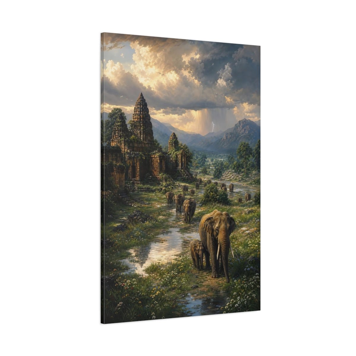 Botanical - Meadow Landscape Painting Ancient Temple Ruins Canvas Wall Art Print – Realistic Living Room, Above Sofa - YesArtYes