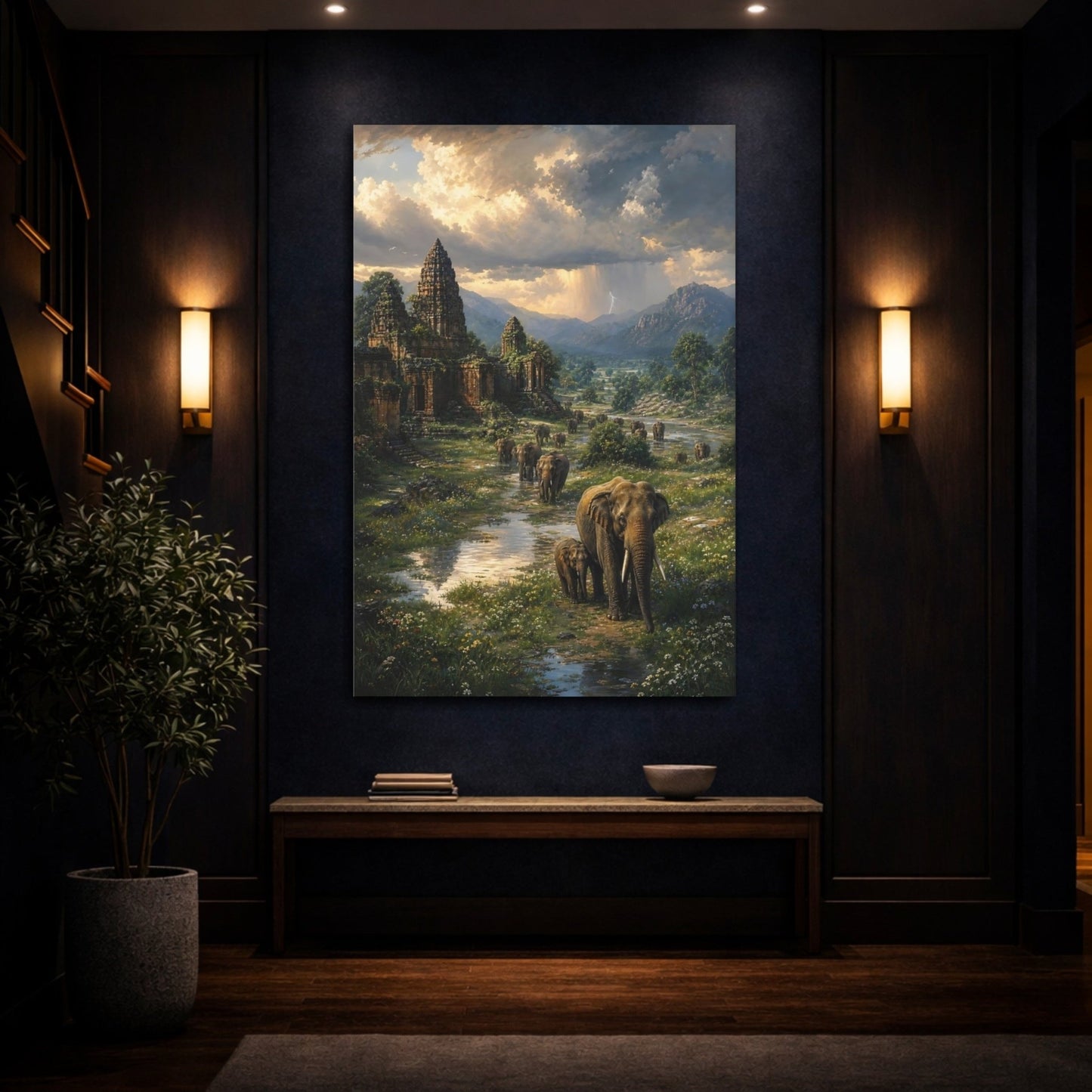 Botanical - Meadow Landscape Painting Ancient Temple Ruins Canvas Wall Art Print – Realistic Living Room, Above Sofa - YesArtYes