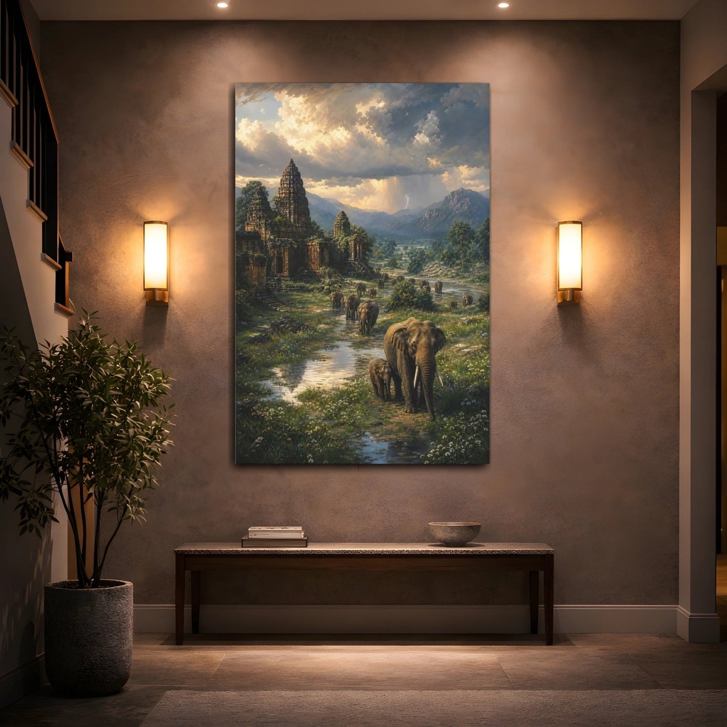 Botanical - Meadow Landscape Painting Ancient Temple Ruins Canvas Wall Art Print – Realistic Living Room, Above Sofa - YesArtYes