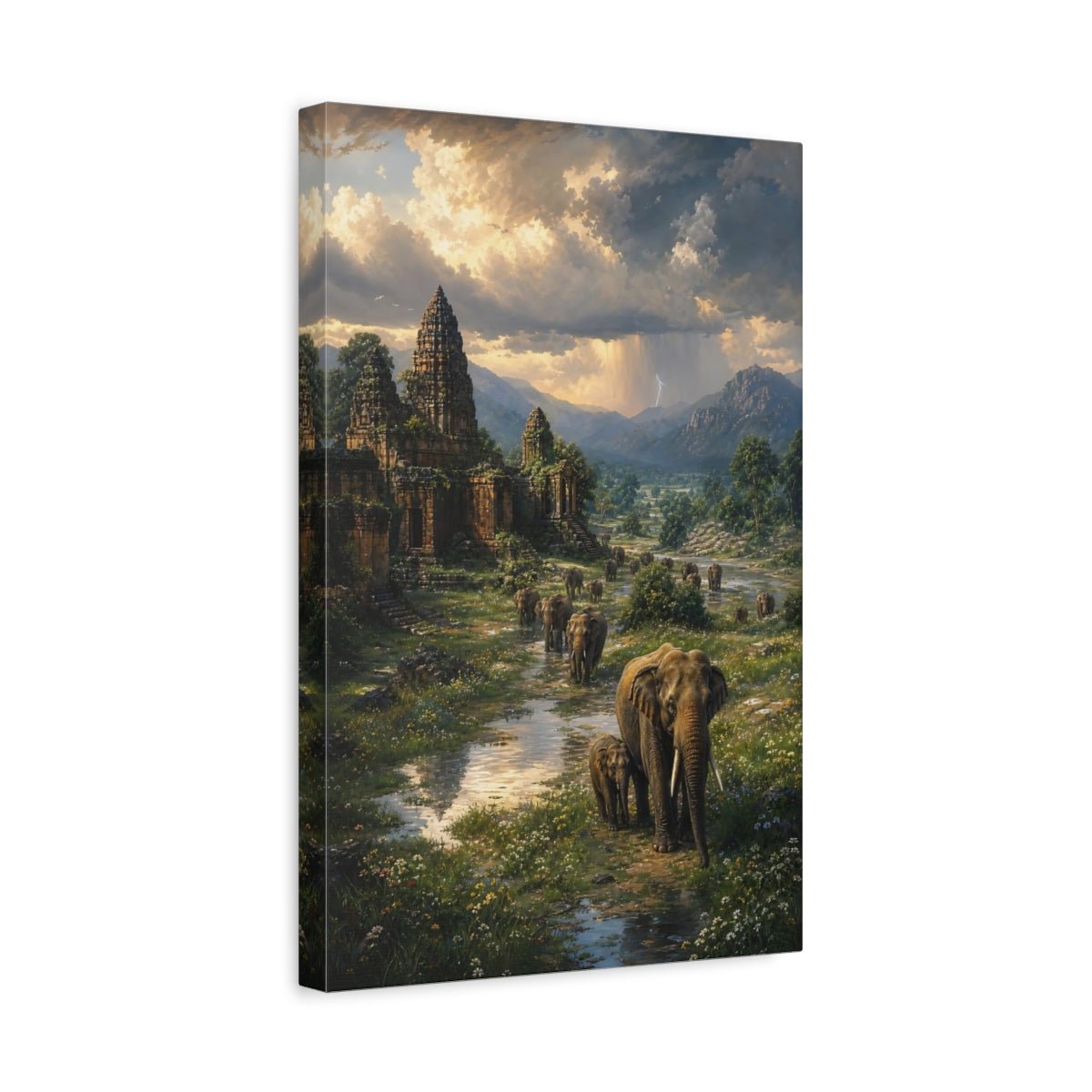 Botanical - Meadow Landscape Painting Ancient Temple Ruins Canvas Wall Art Print – Realistic Living Room, Above Sofa - YesArtYes