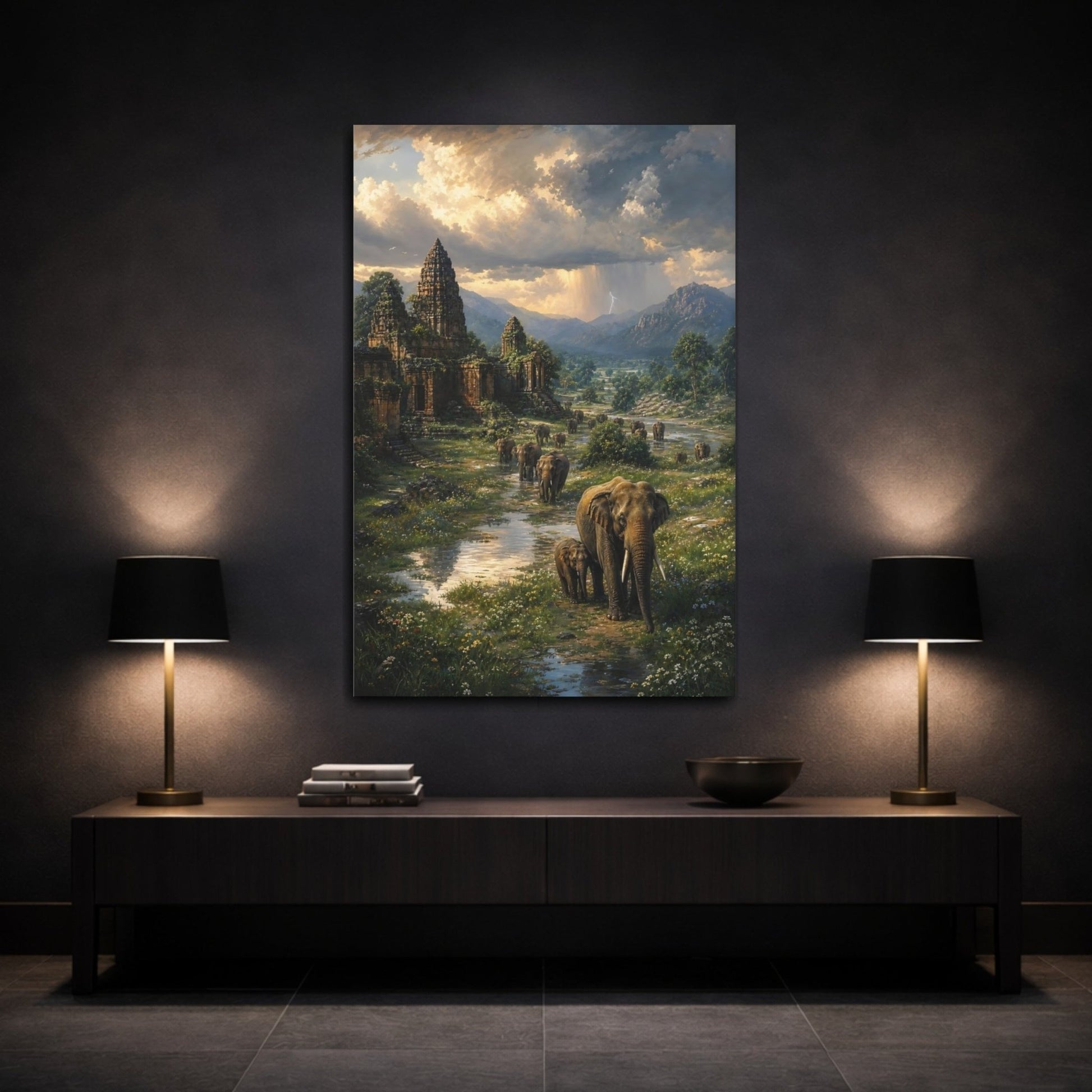 Botanical - Meadow Landscape Painting Ancient Temple Ruins Canvas Wall Art Print – Realistic Living Room, Above Sofa - YesArtYes