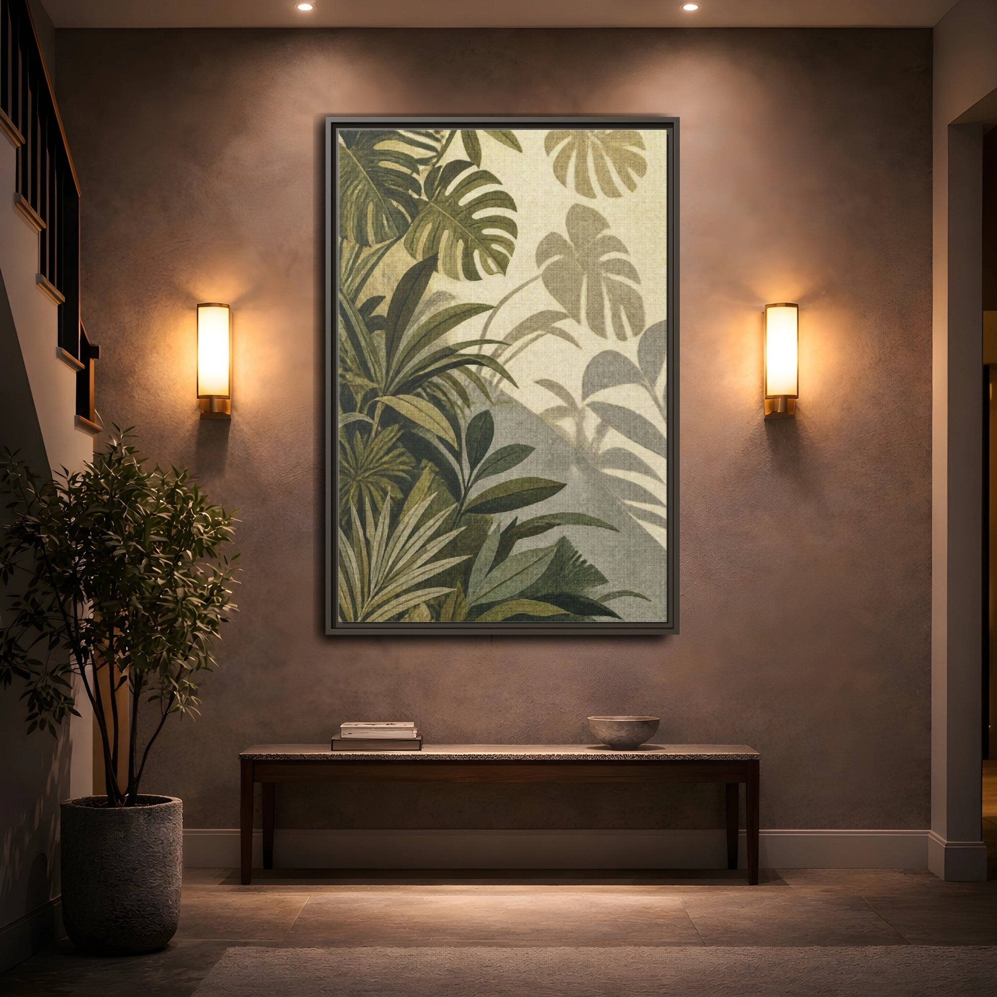 Mockup 2. Botanical Monstera Leaves shown as framed canvas print