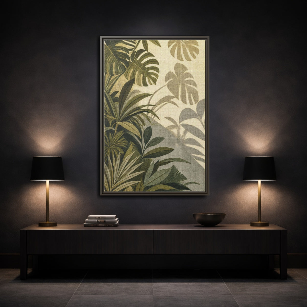 Mockup 3. Botanical Monstera Leaves shown as framed canvas print