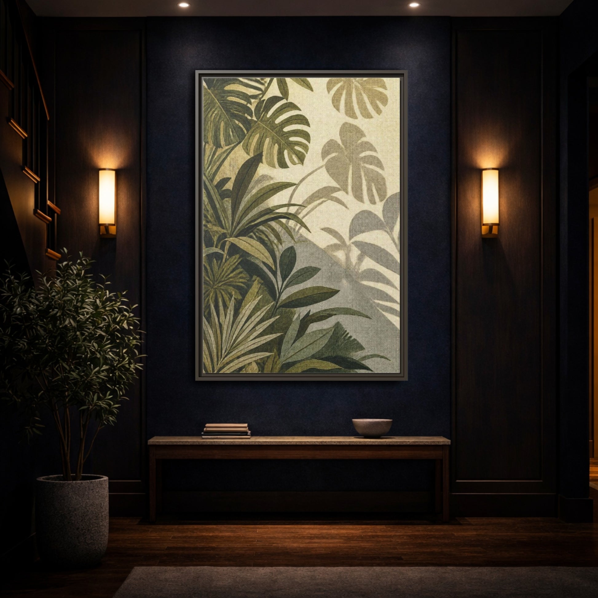 Mockup 4. Botanical Monstera Leaves shown as framed canvas print