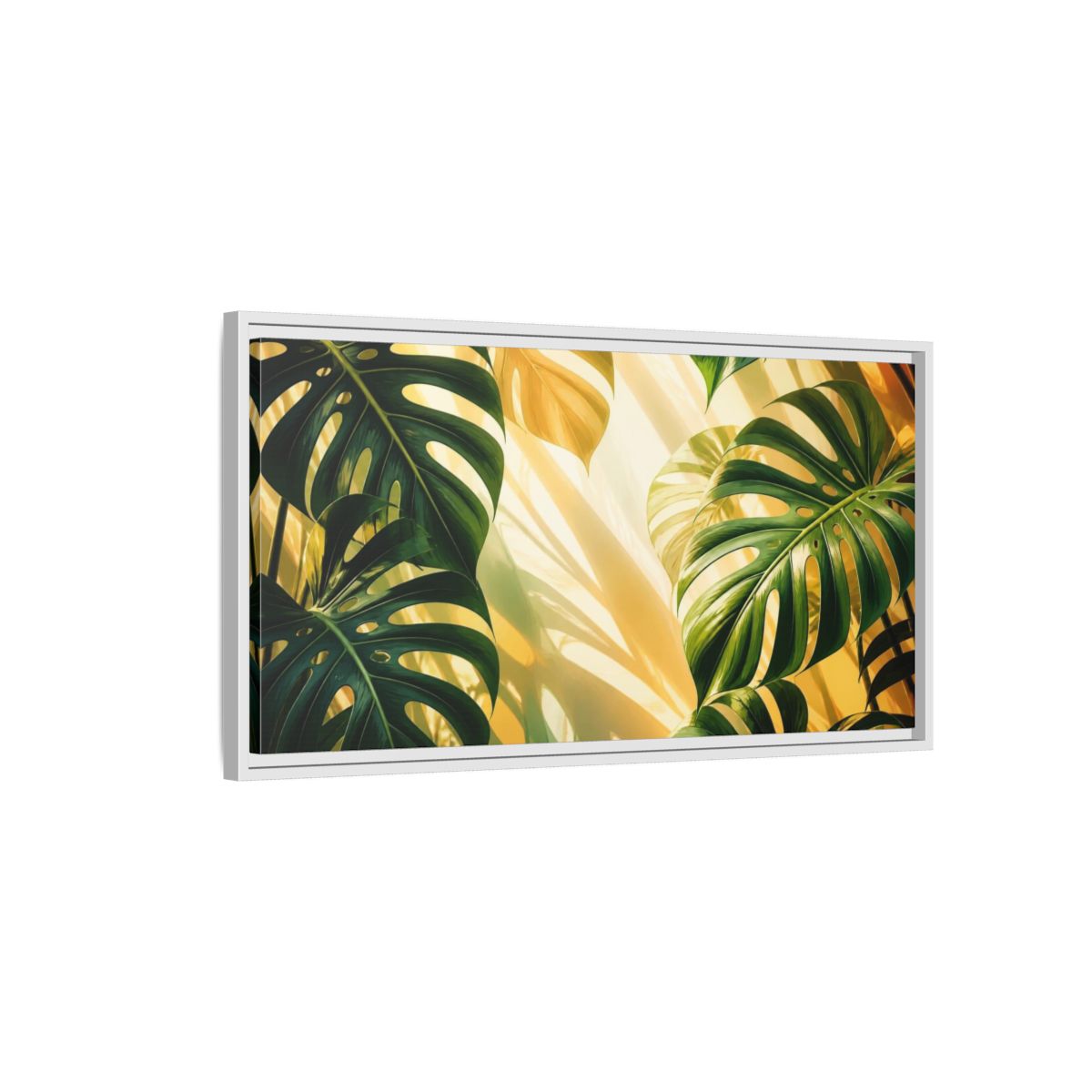 Side Mockup 1. Botanical Monstera Sunlight Study shown as framed canvas print