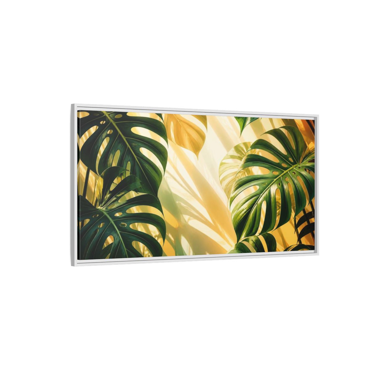 Side Mockup 3. Botanical Monstera Sunlight Study shown as framed canvas print
