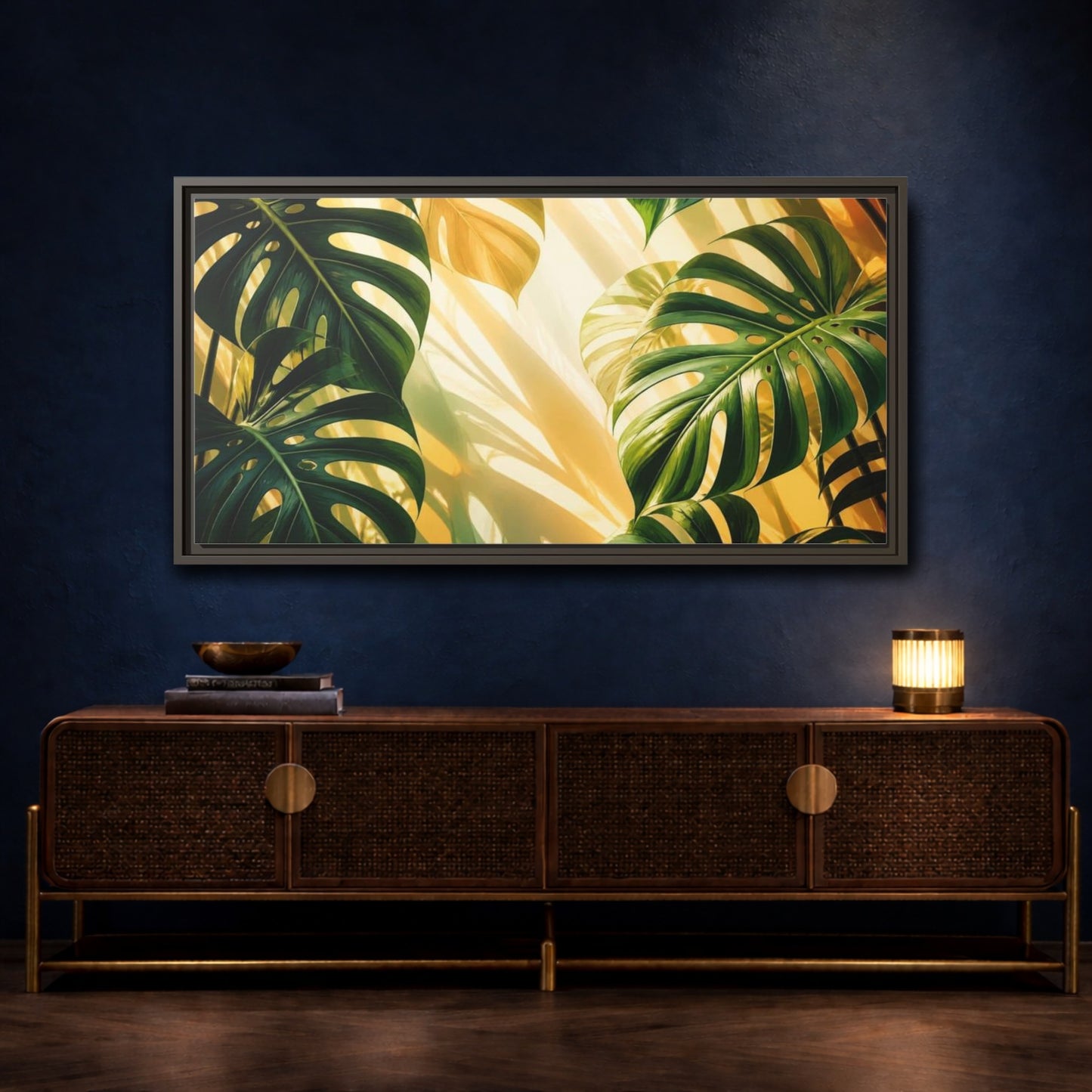 Mockup 4. Botanical Monstera Sunlight Study shown as framed canvas print