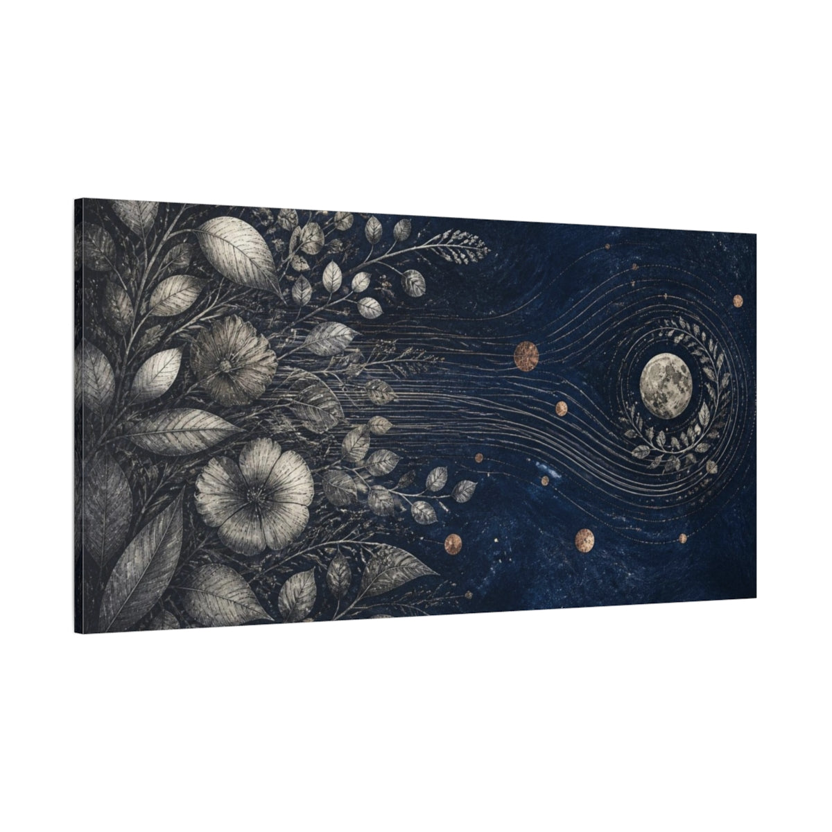 Side Mockup 2. Botanical Moon Garden shown as canvas print