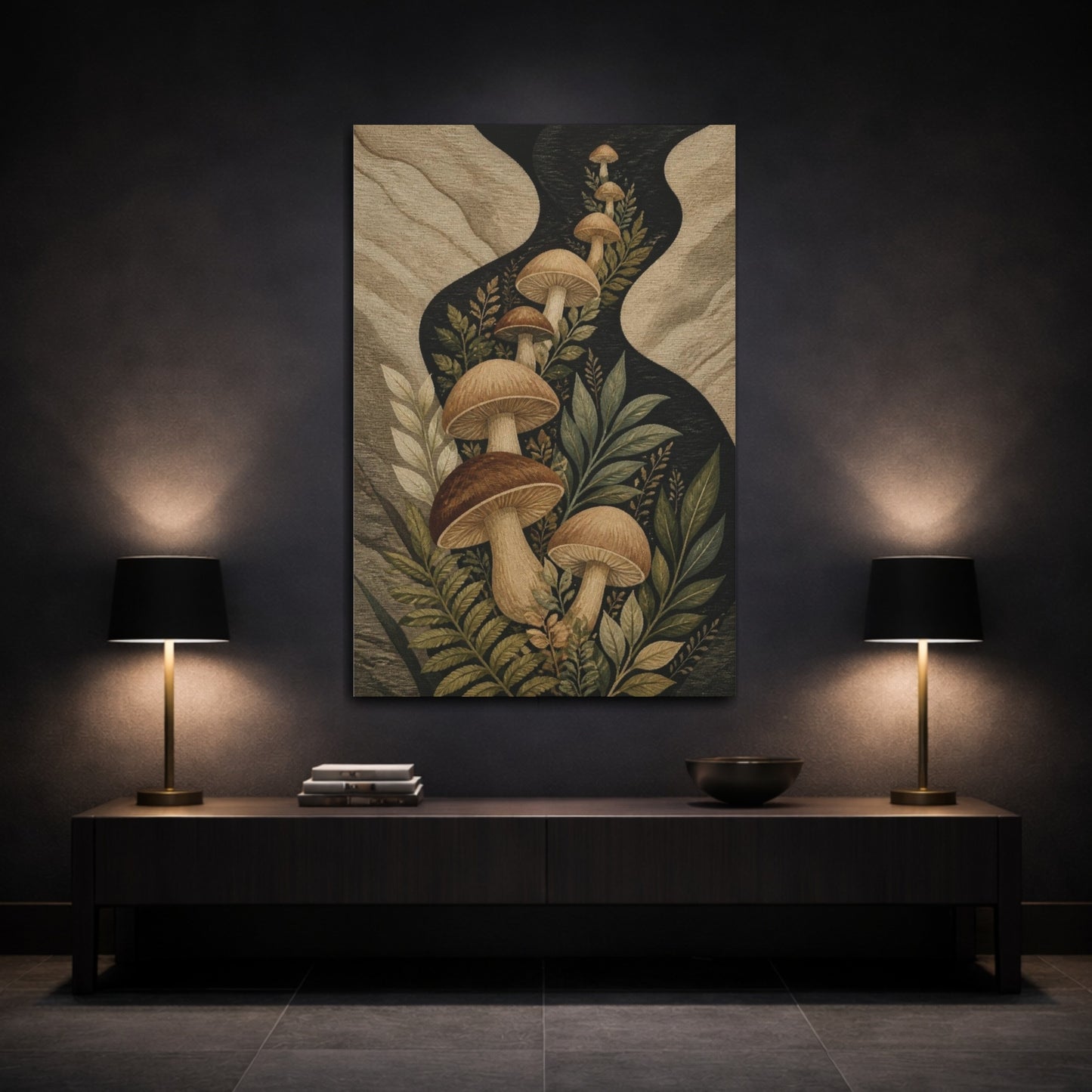 Mockup 3. Botanical Mushroom Grove shown as canvas print