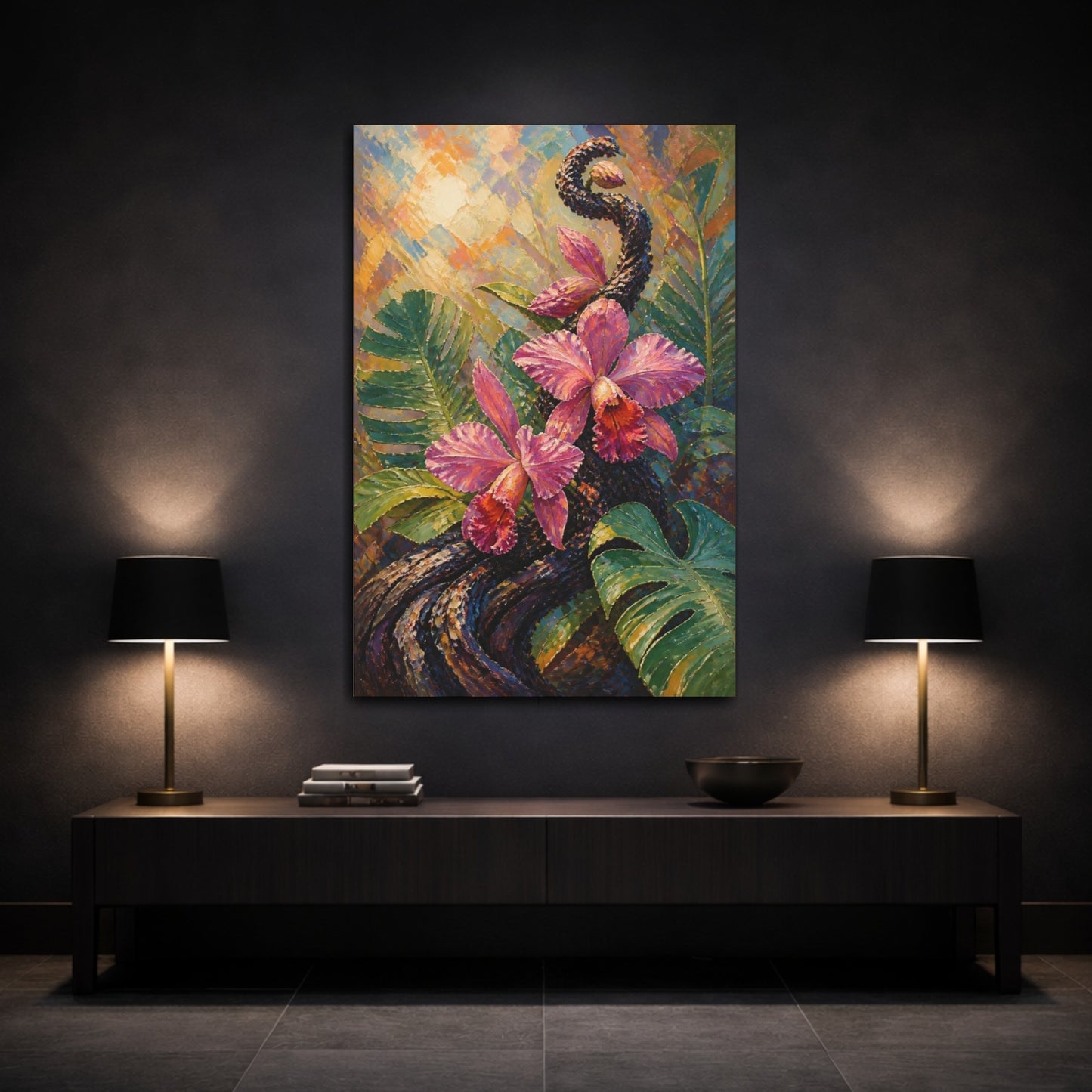 Mockup 3. Botanical Orchid Elegance shown as canvas print