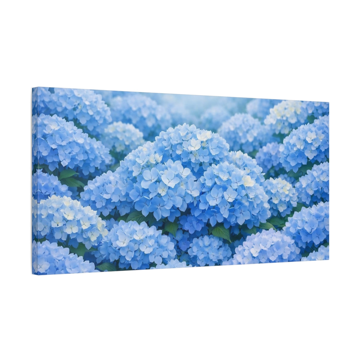 Side Mockup 2. Floral Hydrangeas Blue Floral shown as stretched canvas wall art