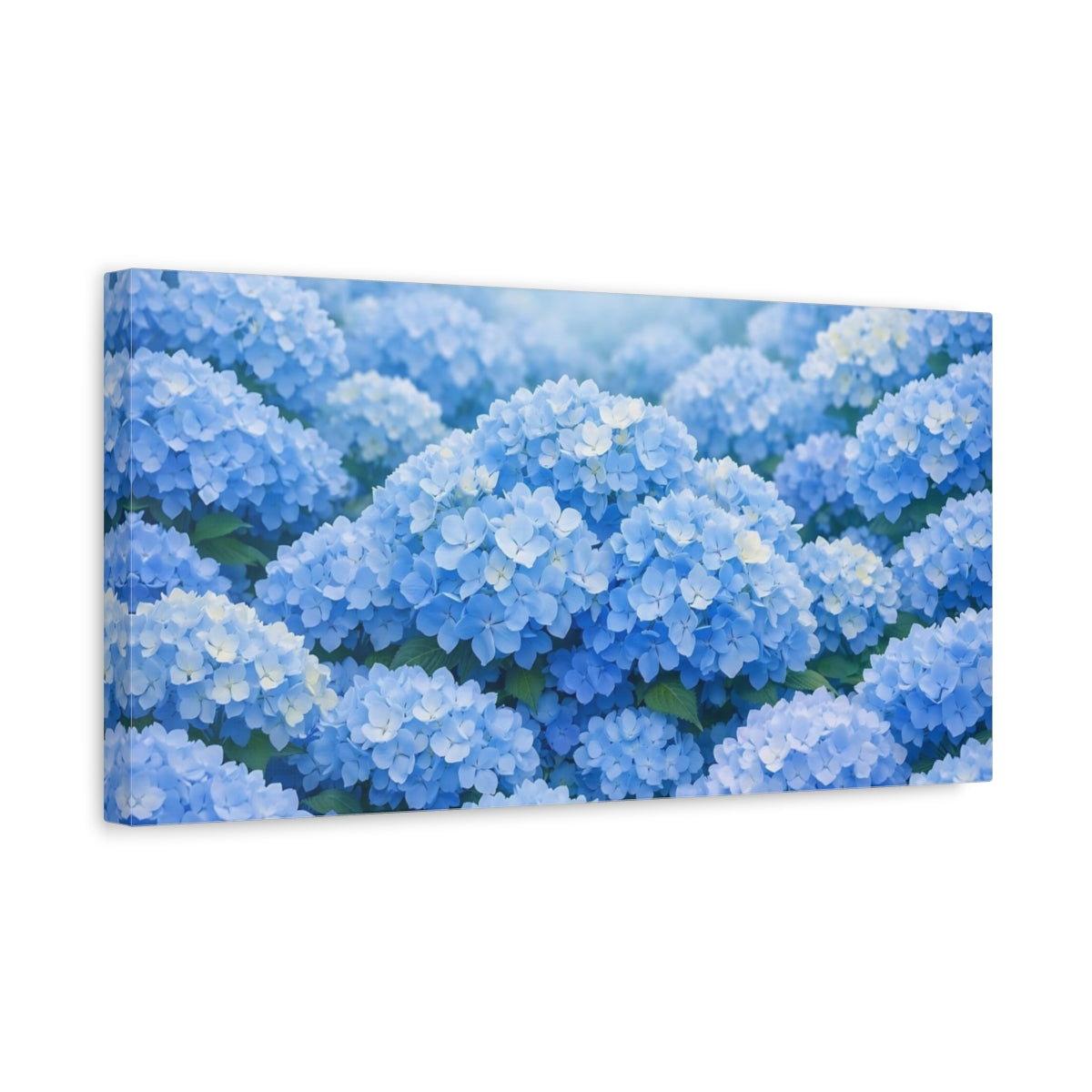 Side Mockup 3. Floral Hydrangeas Blue Floral shown as stretched canvas wall art