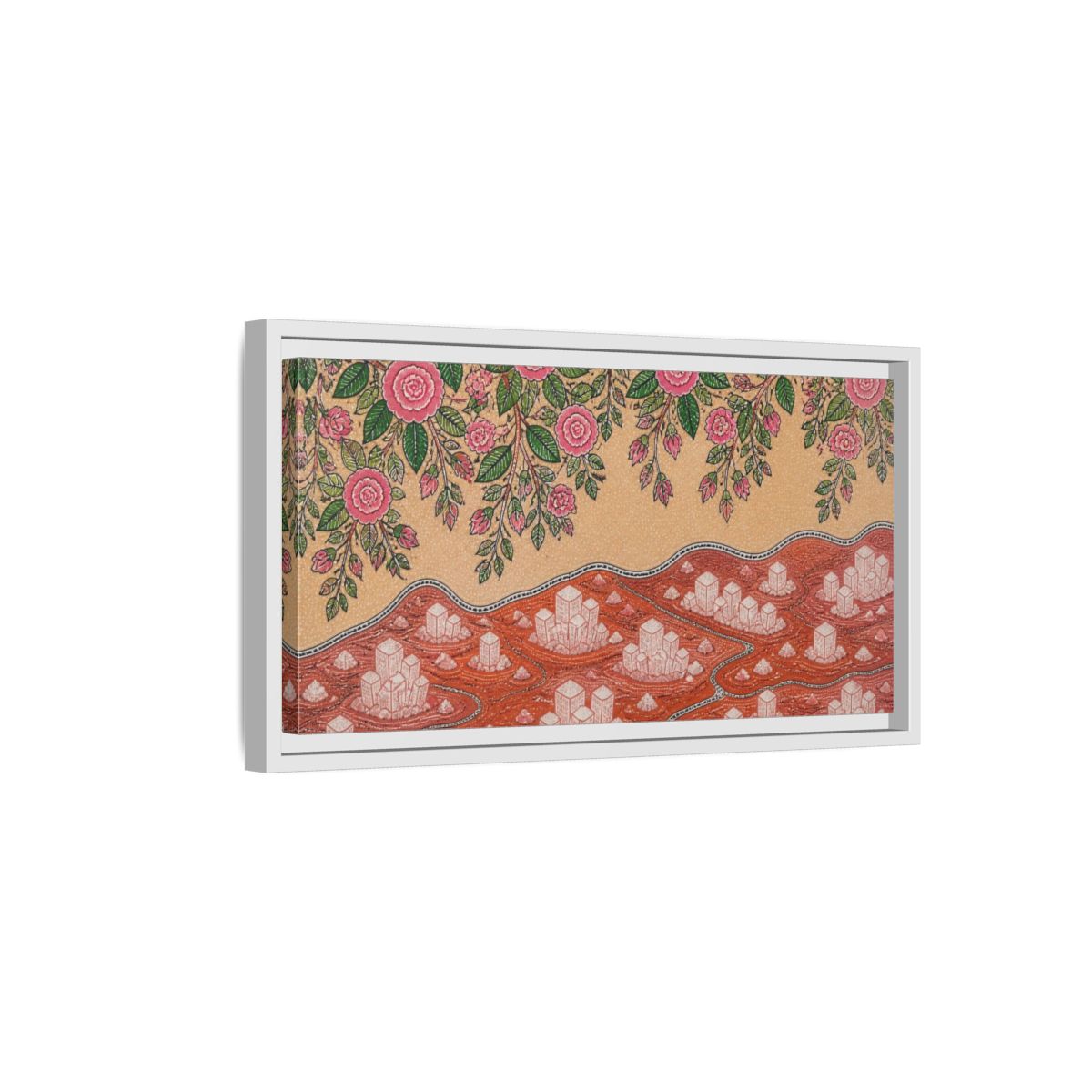 Side Mockup 6. Botanical Pink Roses shown as framed canvas print