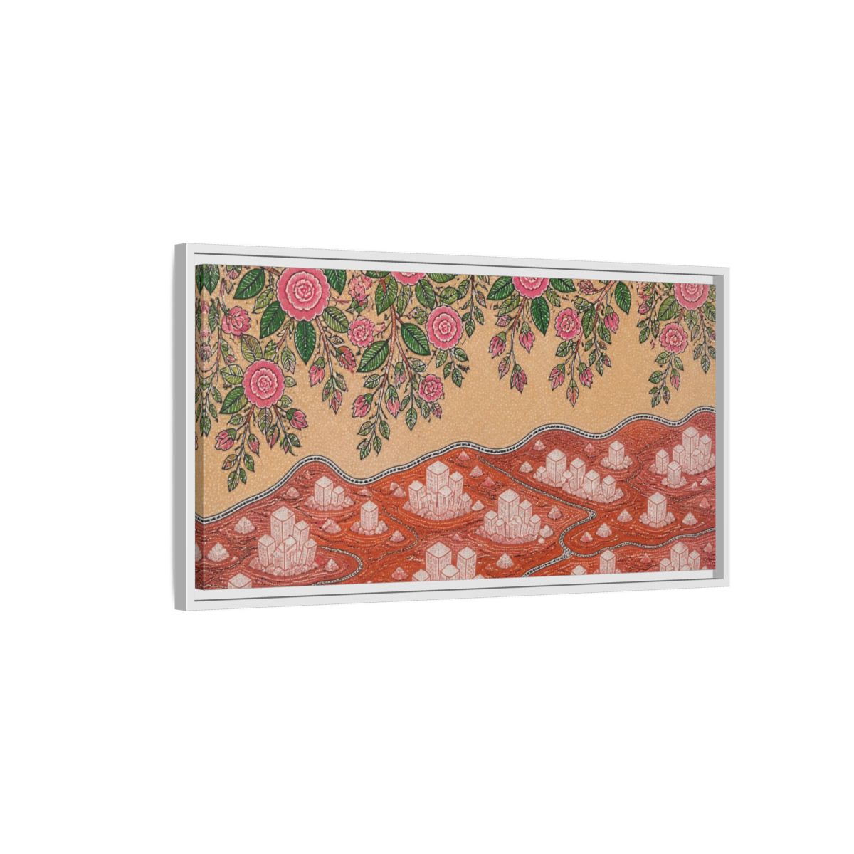 Side Mockup 1. Botanical Pink Roses shown as framed canvas print