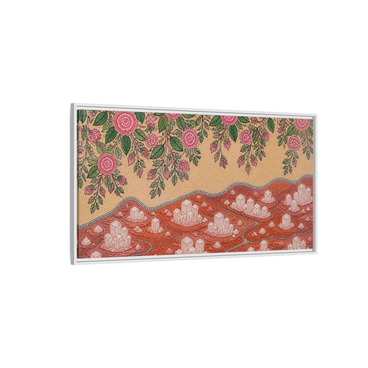 Side Mockup 3. Botanical Pink Roses shown as framed canvas print