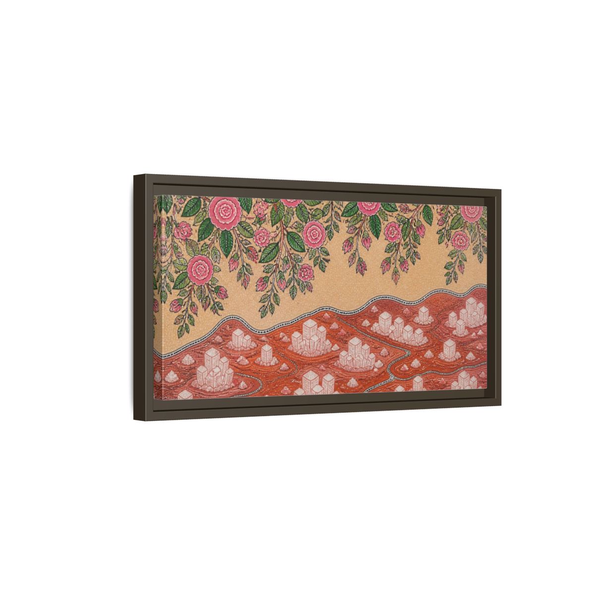 Side Mockup 7. Botanical Pink Roses shown as framed canvas print
