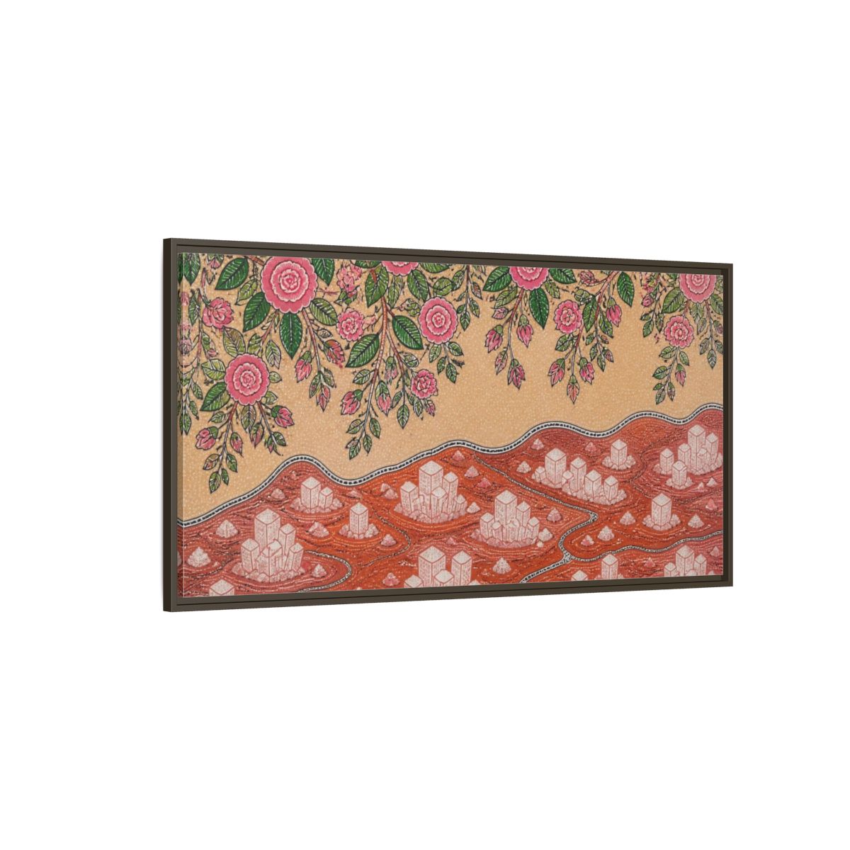 Side Mockup 4. Botanical Pink Roses shown as framed canvas print