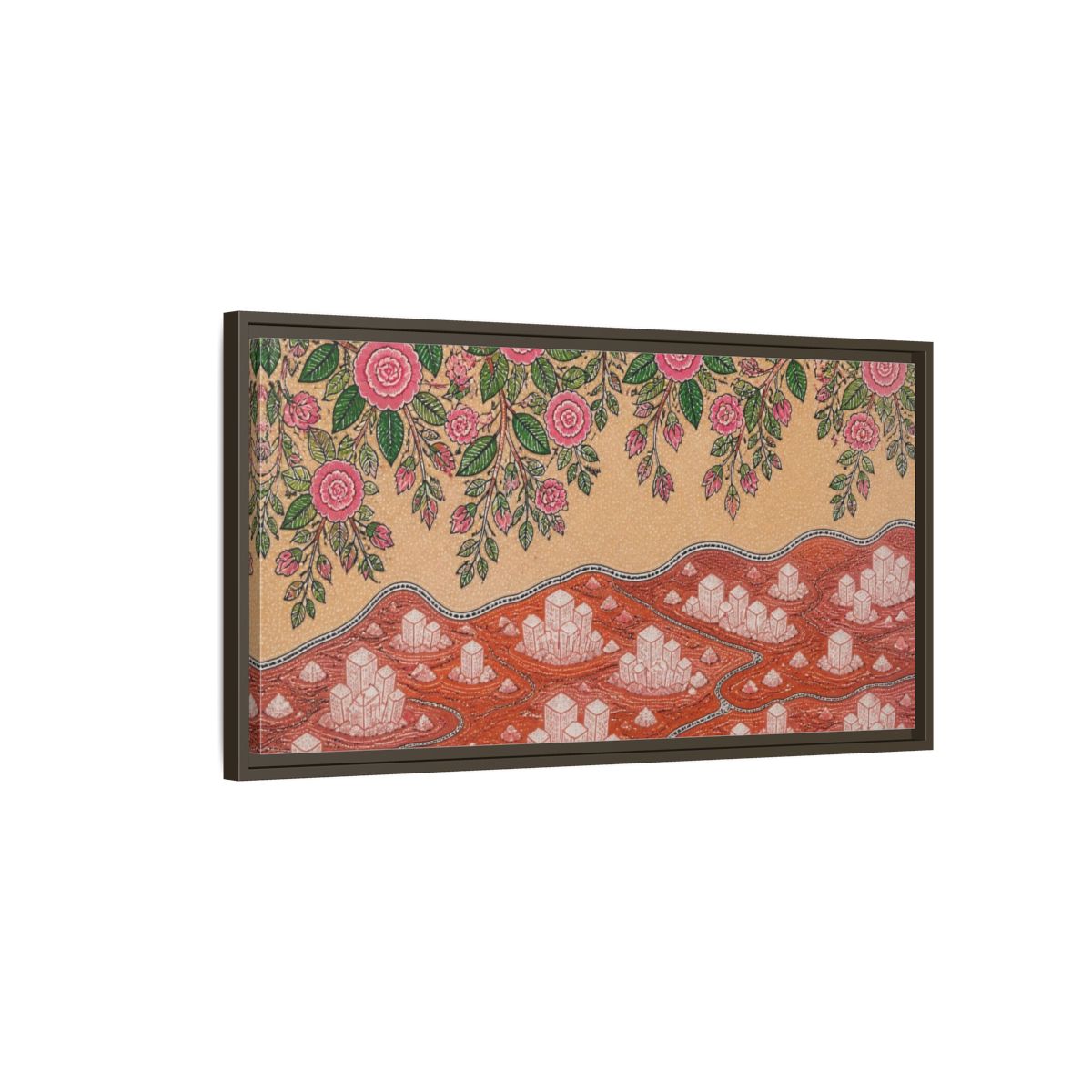 Main Mockup. Botanical Pink Roses shown as framed canvas print