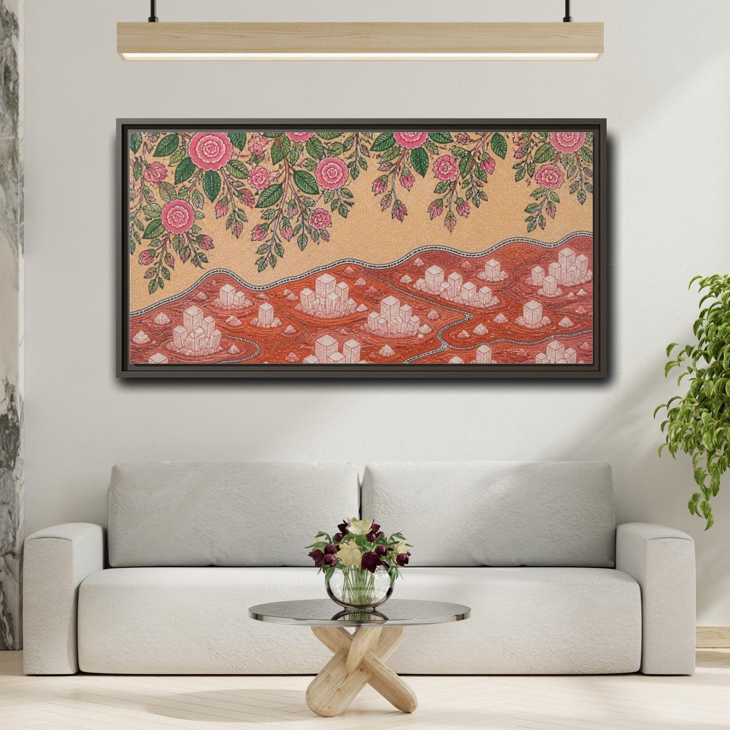 Mockup 2. Botanical Pink Roses shown as framed canvas print