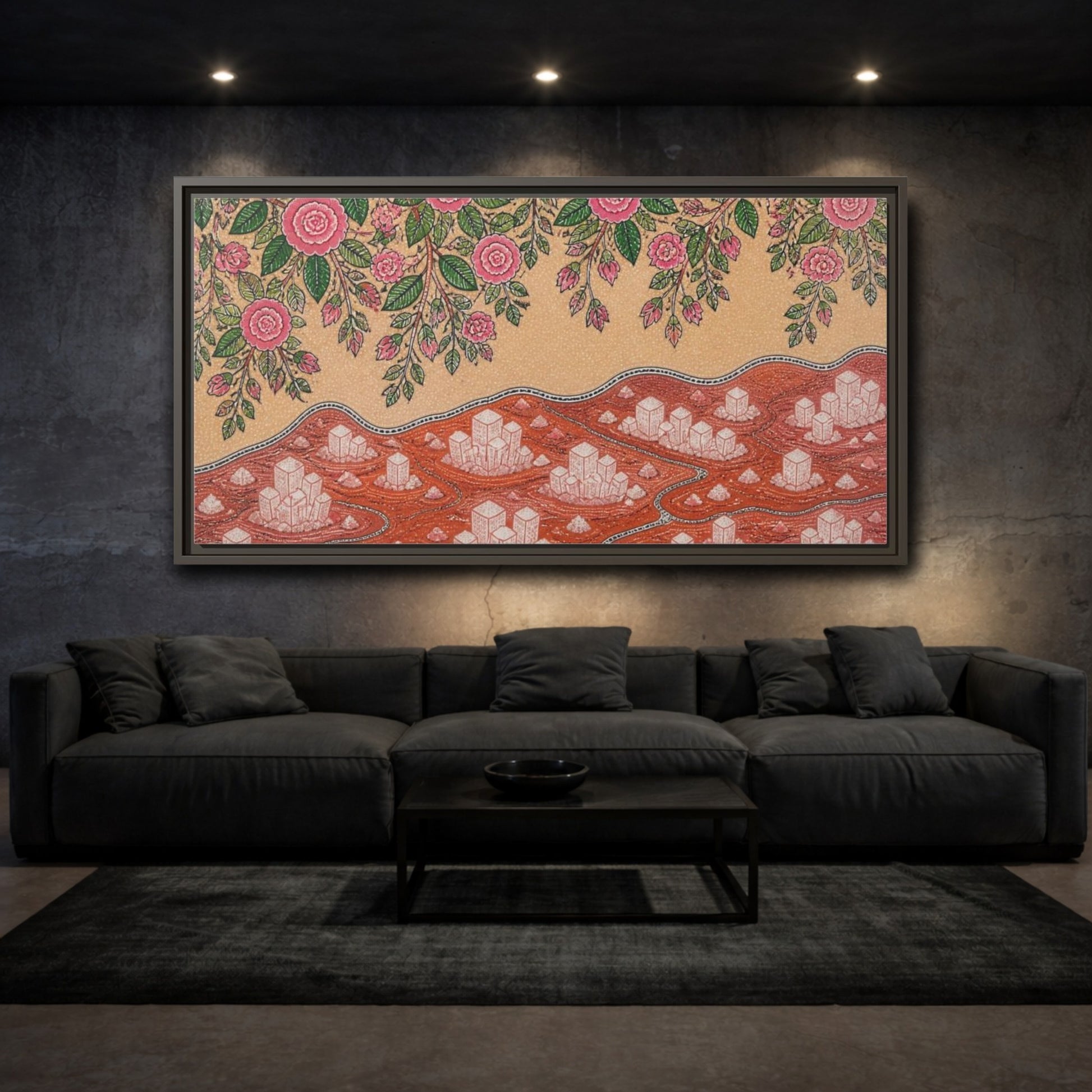 Mockup 3. Botanical Pink Roses shown as framed canvas print