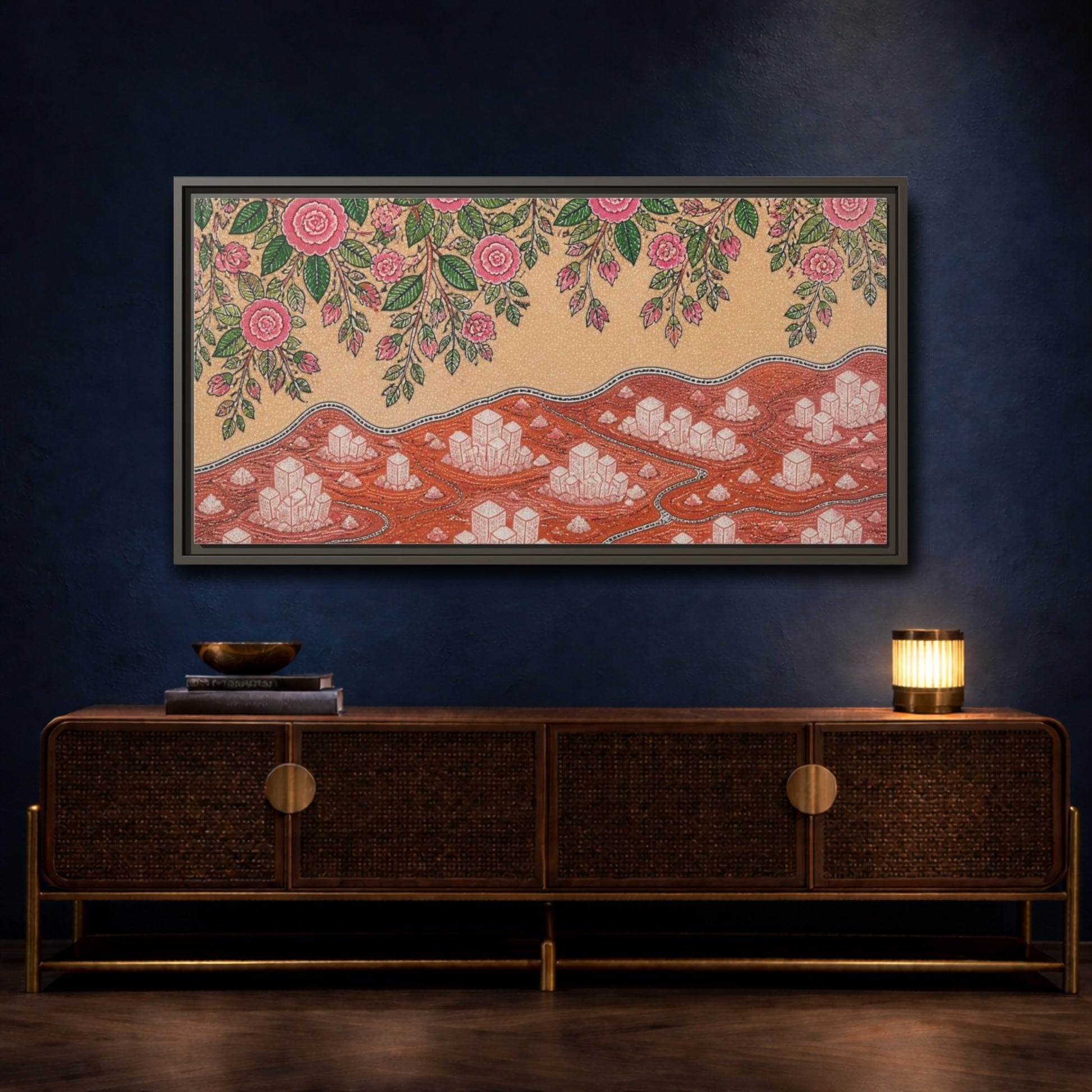 Mockup 4. Botanical Pink Roses shown as framed canvas print