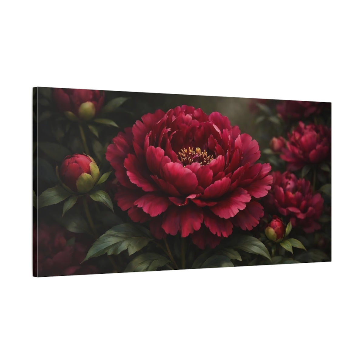 Side Mockup 1. Floral Peony Red Peony shown as stretched canvas wall art
