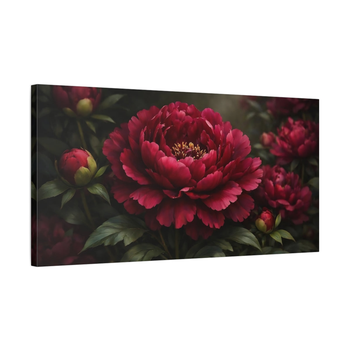 Side Mockup 2. Floral Peony Red Peony shown as stretched canvas wall art