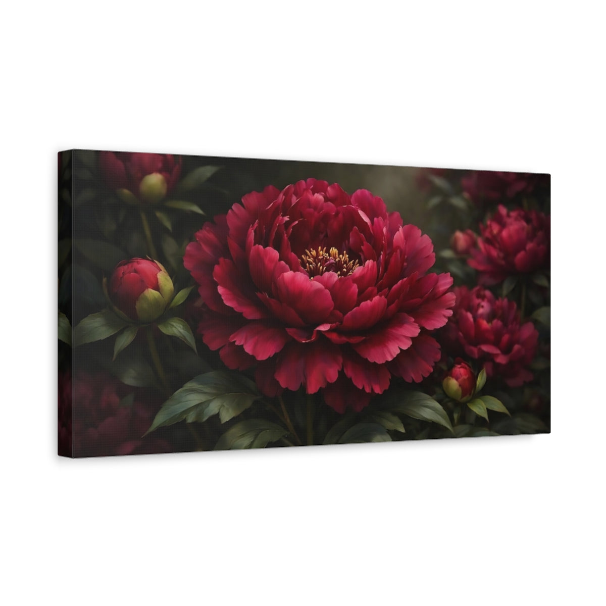 Side Mockup 3. Floral Peony Red Peony shown as stretched canvas wall art