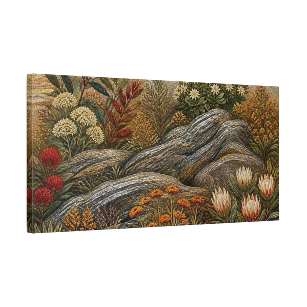 Side Mockup 1. Botanical Rock Garden shown as canvas print